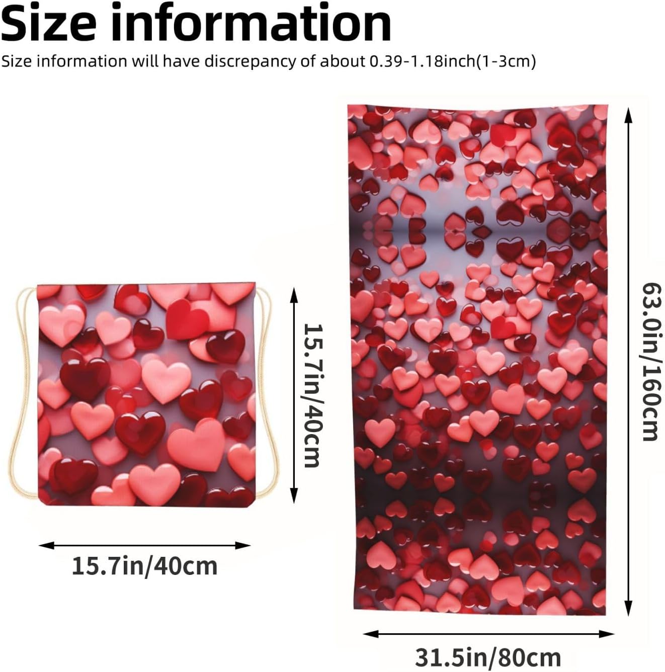 2 in 1 Packable Towel Bag,Soft Absorbent Pool Towels Backpack Quick Dry Lightweight Beach Towels Red Hearts Drawstring Bag for Travel Camping Sports Picnic image 3