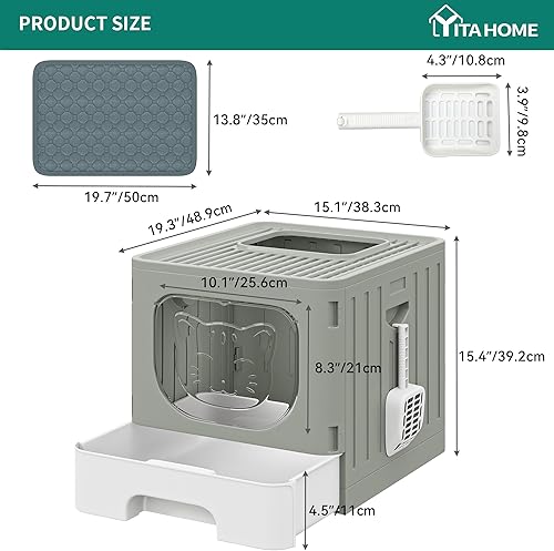 Vista 45 de YITAHOME Caja de arena grande cerrada para gatos con cojín, cajas de arena cerradas antisalpicaduras con pala de arena para entrada frontal, puerta