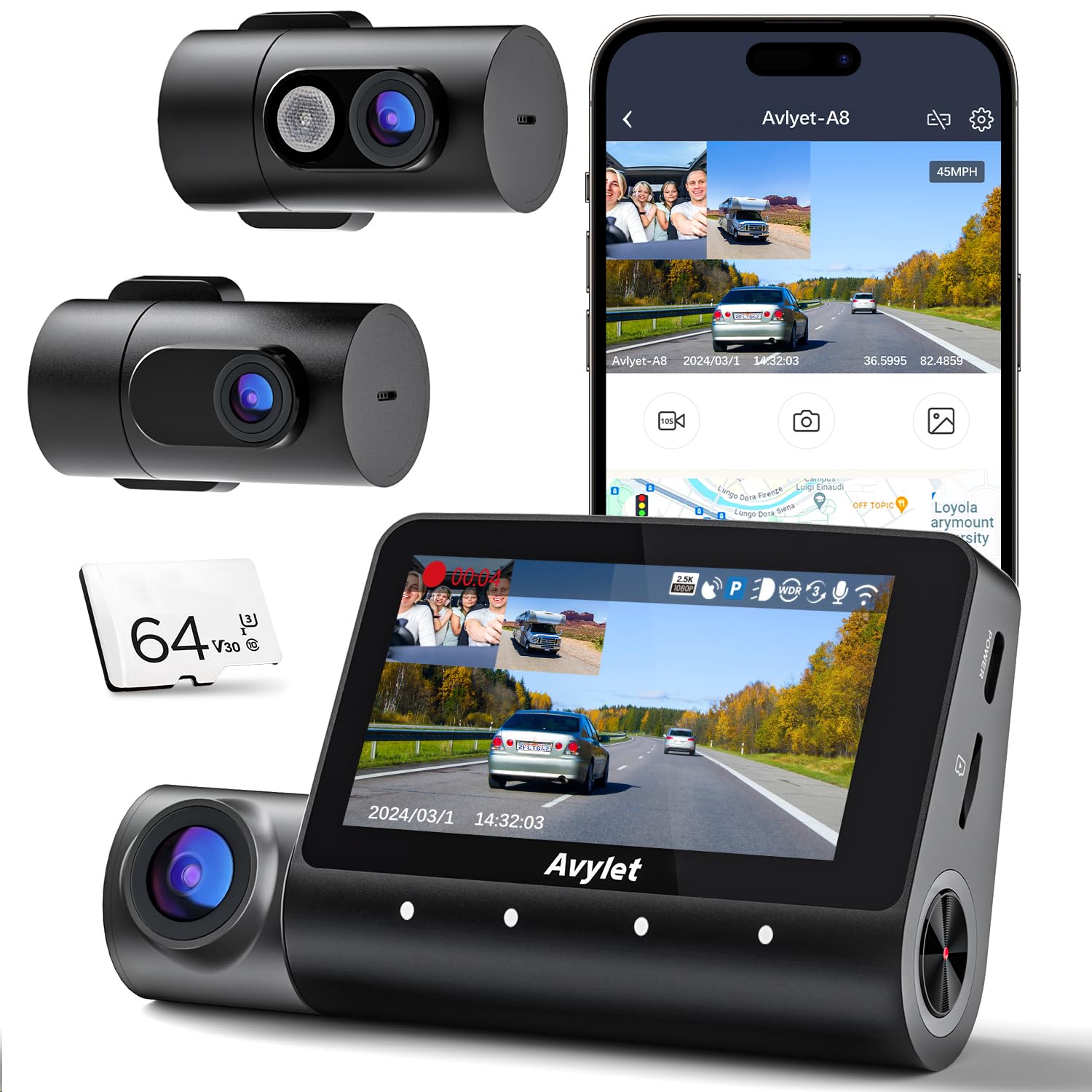 5K 3 Channel Dash Cam 5G Wi-Fi Built-in GPS with 64GB Card 4K 1080P 1080P Front and Rear