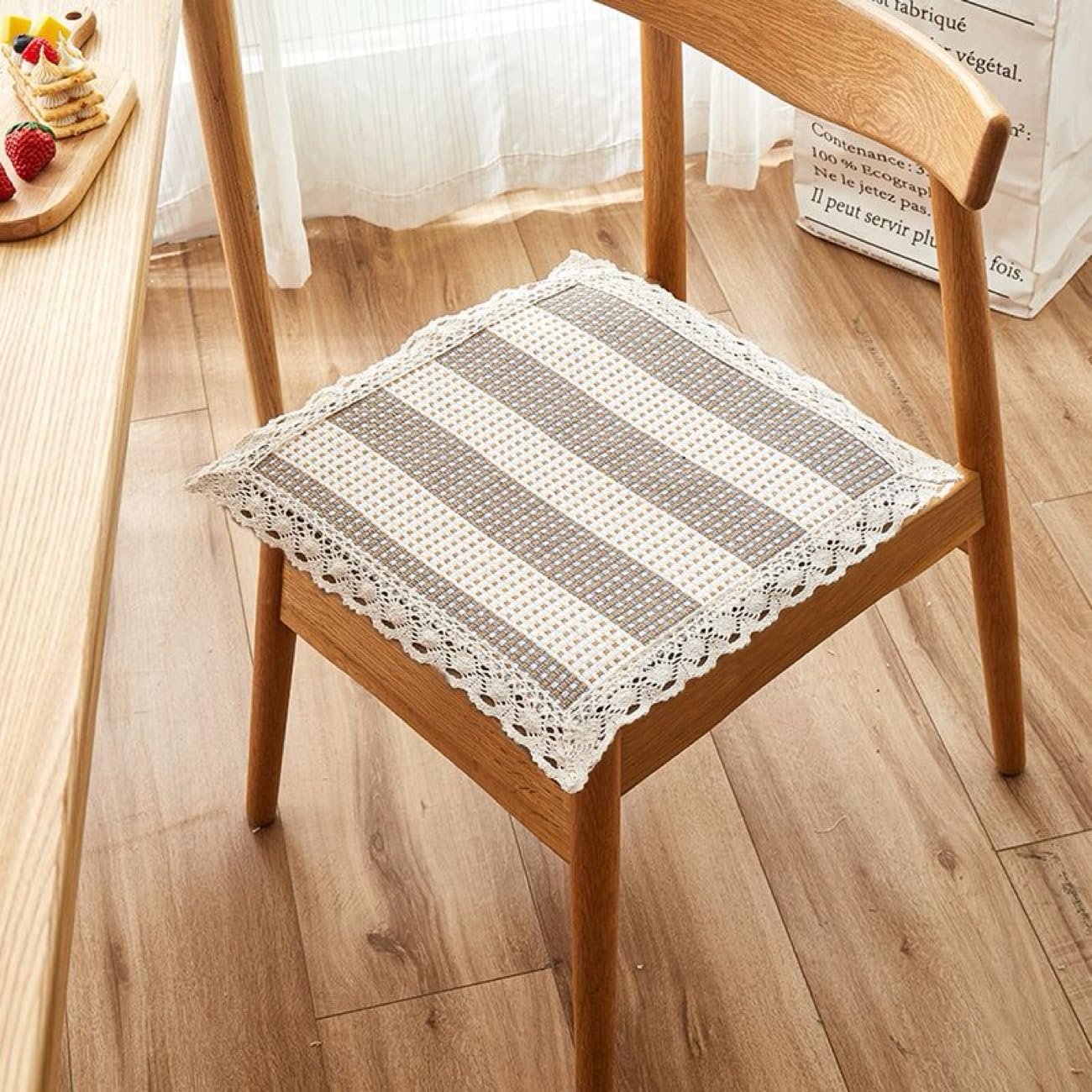 Summer Cotton Linen Chair Pad with Ties – Non Slip & Breathable Seat Cushion for Dining, Office, Car (Soft, Durable, Washable, Secured with Ties) KhakiStyle2-19.7x19.7in