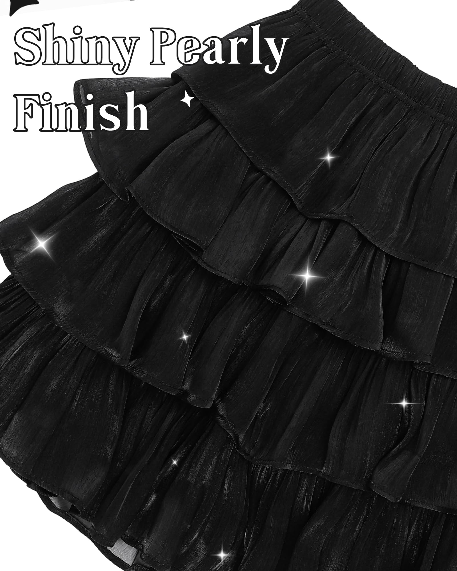 KAKU NANU Falda Midi Tul para Niñas con Acabado Brillante Efecto Perlado Cintura Alta y Volantes Tejido Antiarrugas Largo Modesto Ideal para Paseos, Parque y Picnic Tallas 5 a 14 Años Negro y Blanco