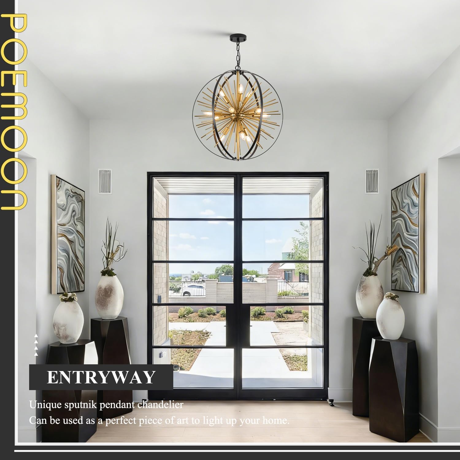 24" Black Gold Sputnik Chandelier 12 Lights Modern Industrial Hanging Ceiling Firework Globe Pendant Light Fixture for Dining Living Room Foyer Entryway Kitchen Bedroom