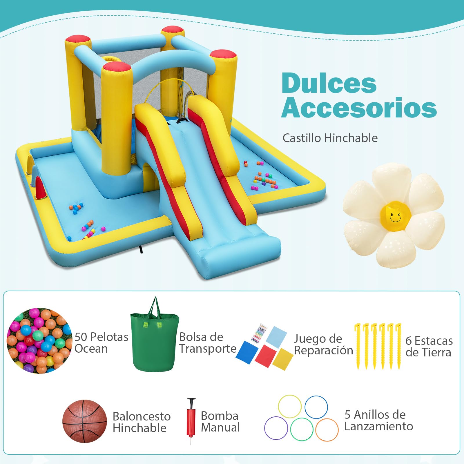 COSTWAY Castillo Hinchable 7 en 1, Grande, 394 x 389 x 194 cm, Niños 3 a 10 Años, Interior Exterior