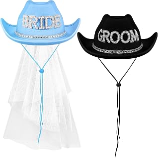 2 Pcs Bride Cowgirl Hat with Veil Feathers Black Groom Cowboy Hats for Wedding Bridal Shower Decor Gifts