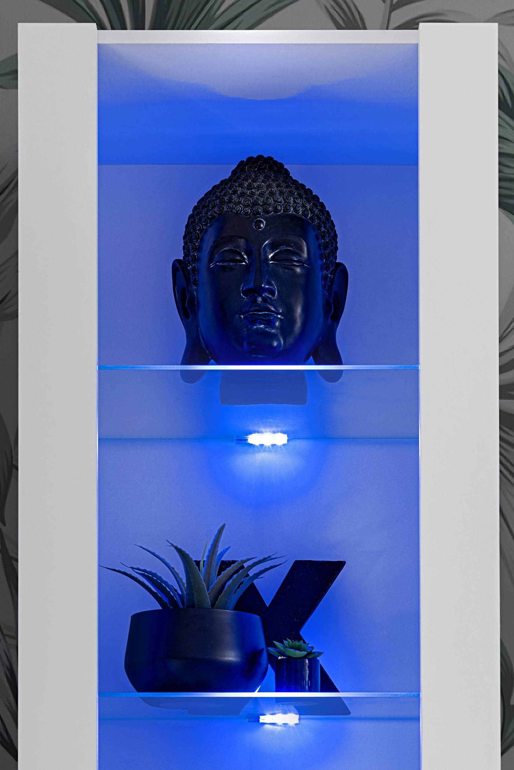 Komodee, Vetrina Tivoli, Bianco, Larghezza 55 cm x Altezza 159 cm x Profondità 35 cm, LED BLU, 3 ripiani, Per soggiorno, Camera da letto, anticamera