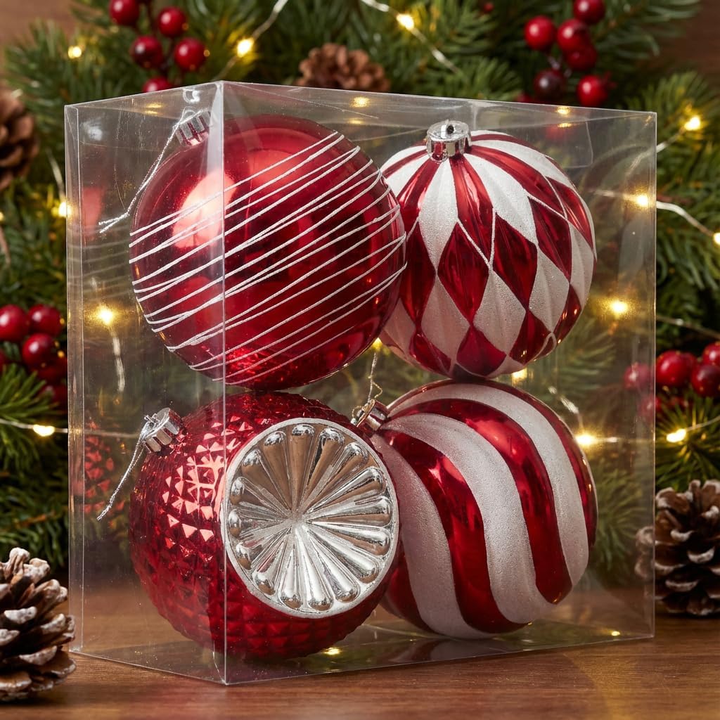 Valery Madelyn 5.9 Inch Extra Large Christmas Ornaments Tree Decorations Set, 4ct Red and White Shatterproof Jumbo Christmas Hanging Ball Ornaments Bulk, Traditional Xmas Holiday Party Decor