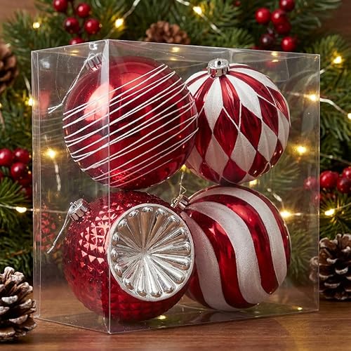 Valery Madelyn Juego de adornos de árbol de Navidad extra grandes de 5.9 pulgadas, 4 unidades, color rojo y blanco, inastillables, adornos colgantes