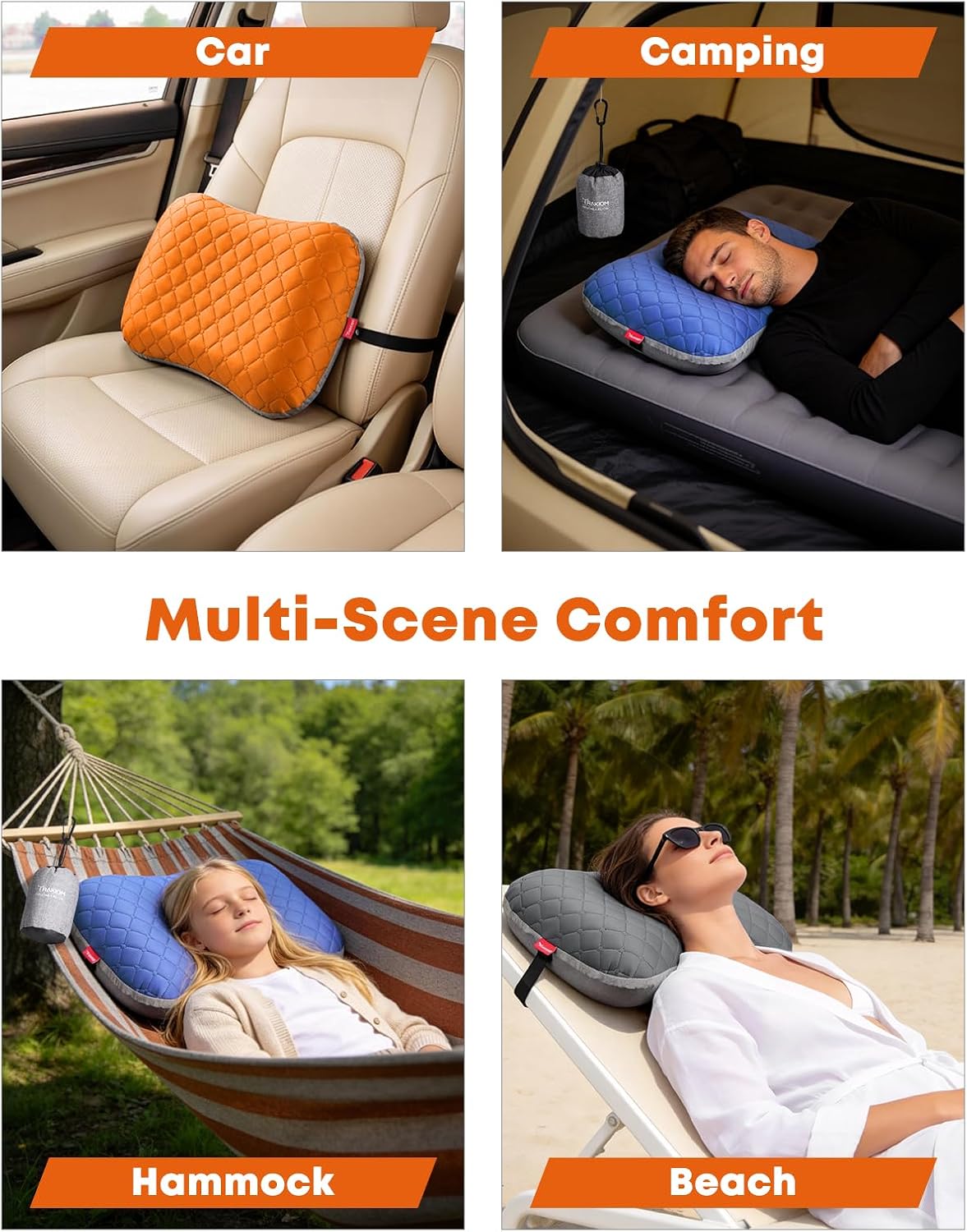 Trakiom Inflatable Camping Pillow with Carabiner, Ultralight Air Travel Pillow for Ergonomic Neck & Lumbar Support, Backpacking Pillows for Hiking, Airplanes, Beach Sleep with Removable Washable Cover