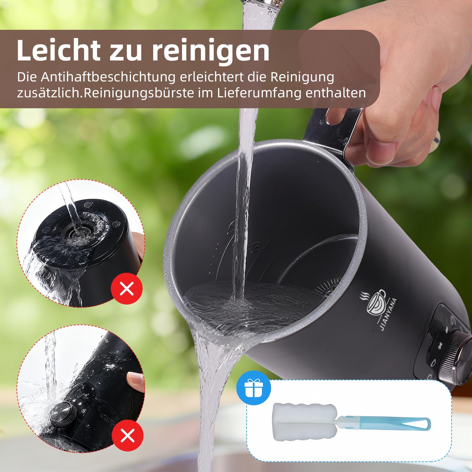 JIANYANA Elektrischer Milchaufschäumer 5-in-1,350ml Edelstahl Milchschäumer Heiß & Kalt mit,Leise,Für Dicken Schaum,Dünnen Schaum,Heiße Milch–Inkl.Schneebesen für Cappuccino,Latte,Kakao (Schwarz)