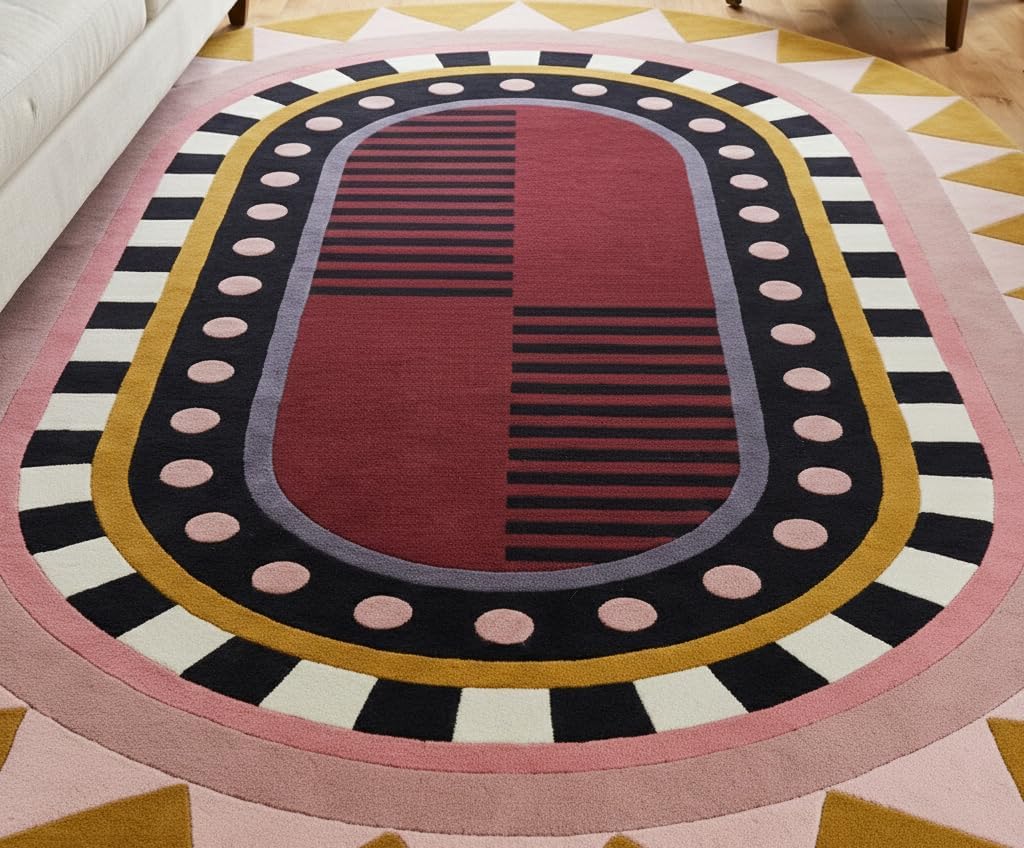Handmade Oval Geometric Wool Area Rug – Modern Art Deco Inspired Abstract Concentric Pattern, Soft Plush Floor Carpet for Living Room Bedroom Dining Room (Ivory/Neutral Multi, 3' x 5')
