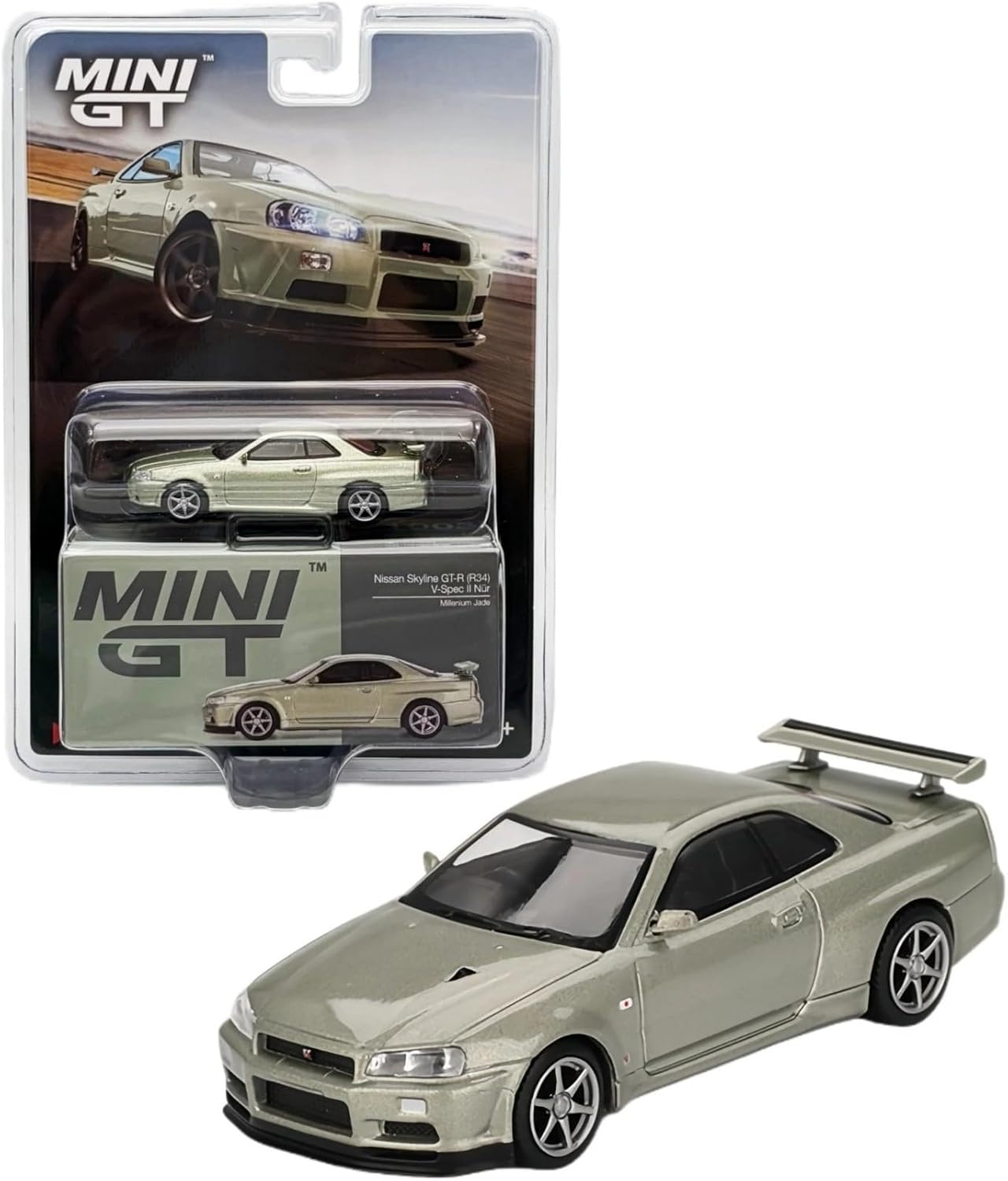 1:64 Diecast Model Car Compatible with Nissan Skyline GT-R (R34) V-Spec II Nür Millenium Jade Limited Edition by Mini GT MGT01003