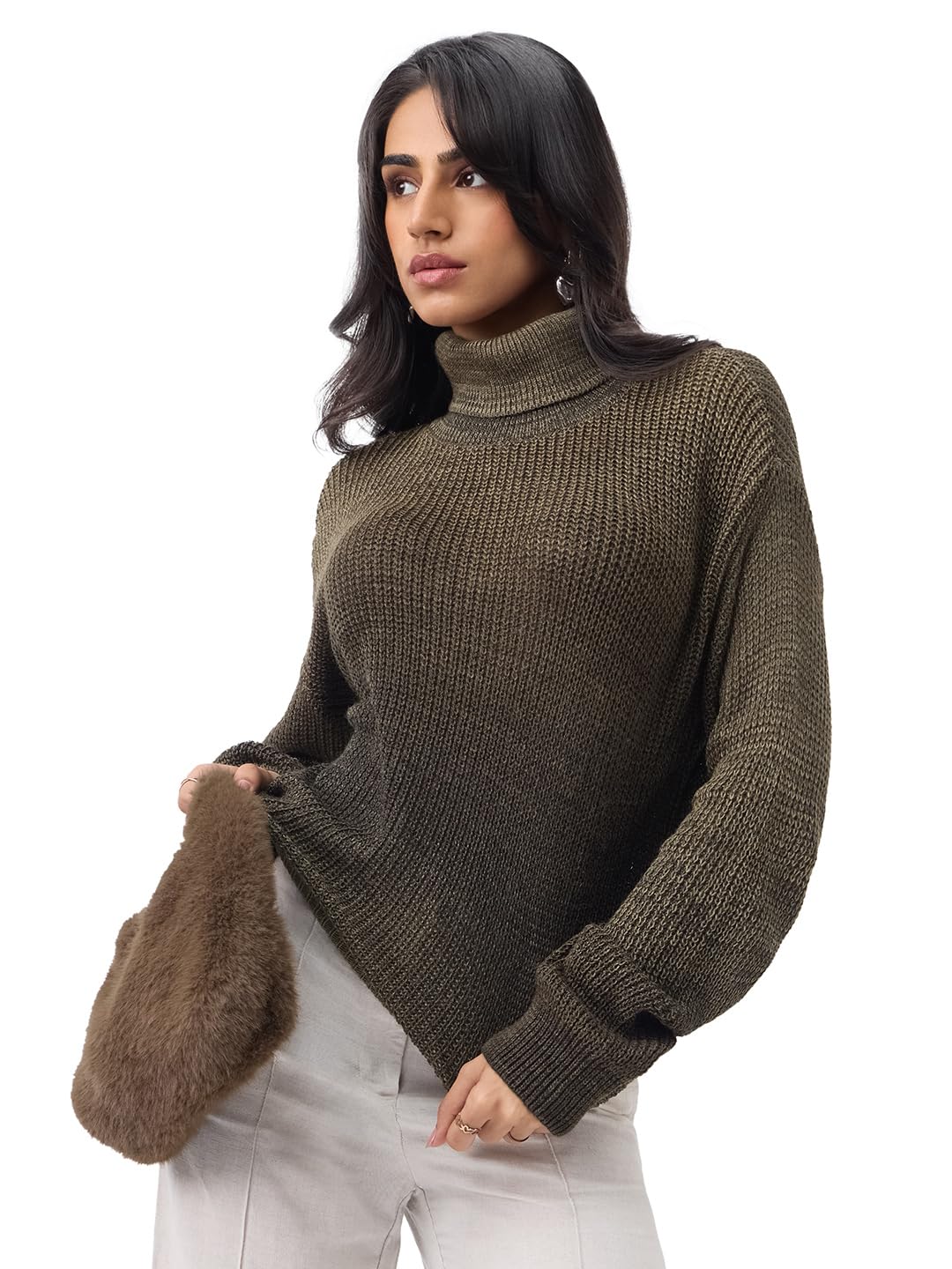 the souled store Ombre Sweater: Dune Women and Girls Full Sleeves Mock Neck Dark Green Textured Acrylic Oversized Fit Lightweight Casual Pullover Sweater-picture-20