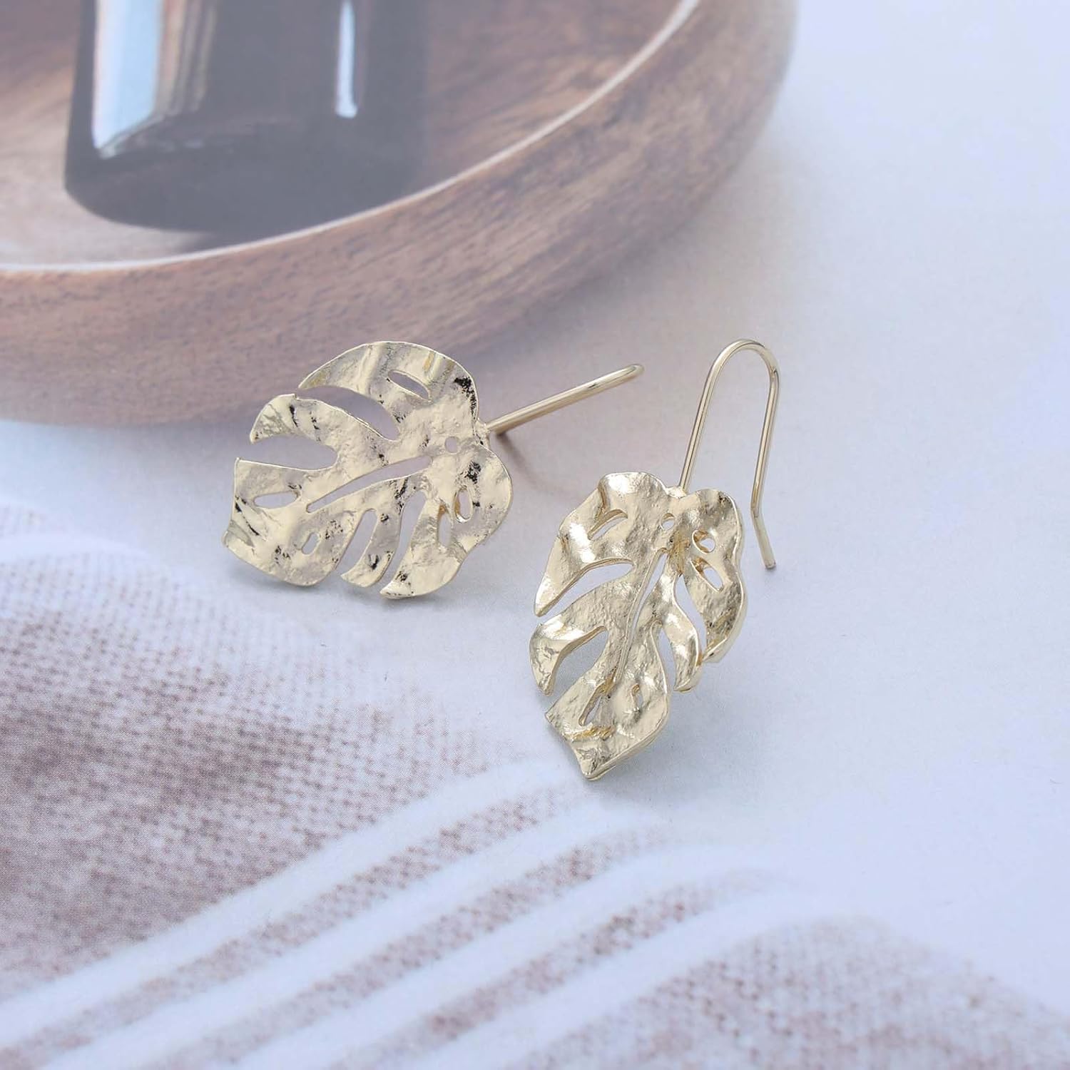 Boho Hammered Leaf Dangle Earrings Gold Textured Palm Leaf Earring Hollow Metal Leaf Drop Earring Vintage Plant Monstera Leaves Earrings Jewelry for Women - Image 6