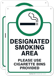 Designated Smoking Area Sign - (2 Pack) - Please Use Cigarette Bins Sign | 10x7 Inches,Rust Free 0.40 Aluminum, Fade Resistant, Indoor/Outdoor Use, Made in USA