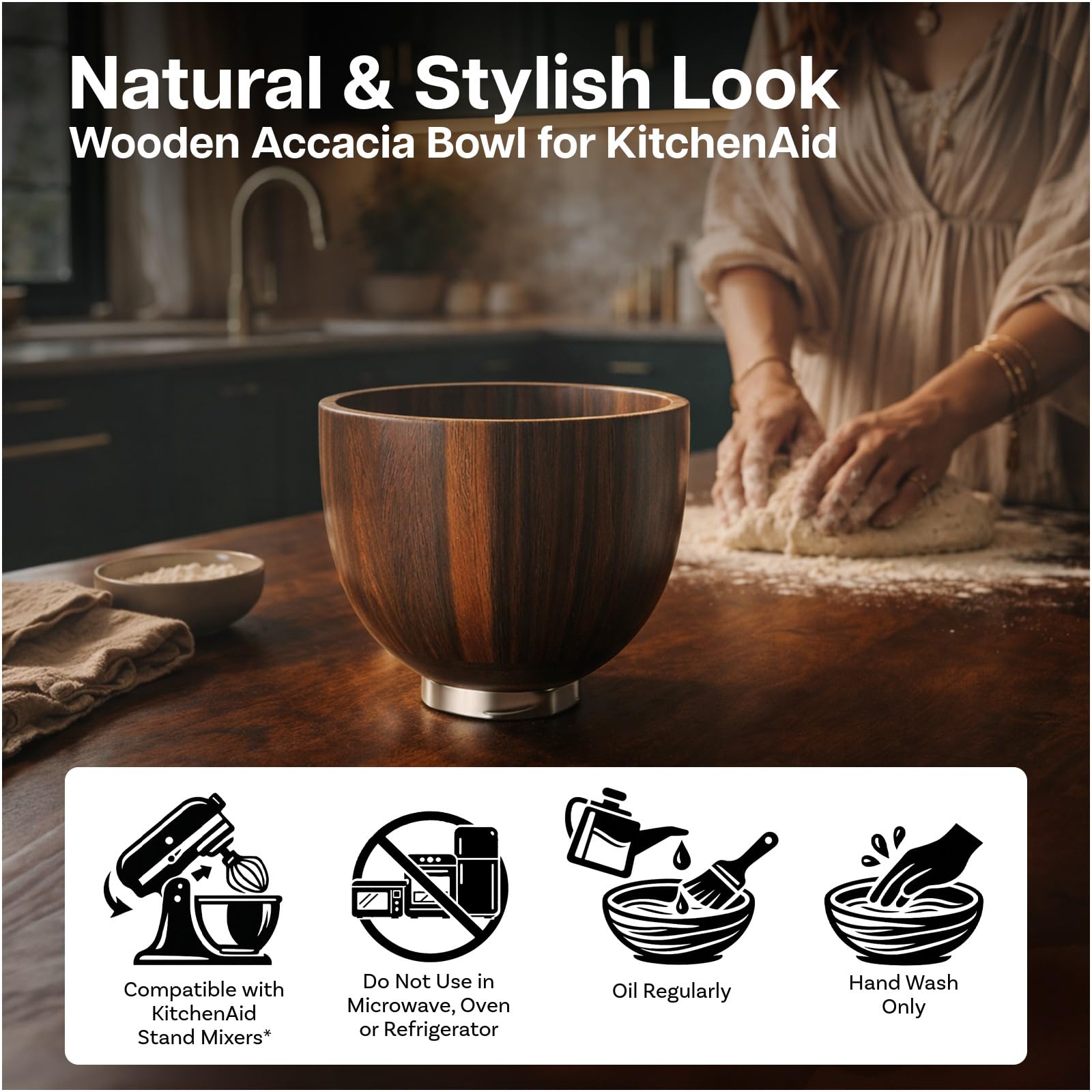 Drewniana Miska do Mieszania do KitchenAid 4,5-5 Quart Miksery Stojące z Uchylną Głowicą od MMOBIEL – Miska z Naturalnego Drewna Akacjowego z Podstawą ze Stal Nierdz. 5QT – Dekoracyjna i Funkcjonalna