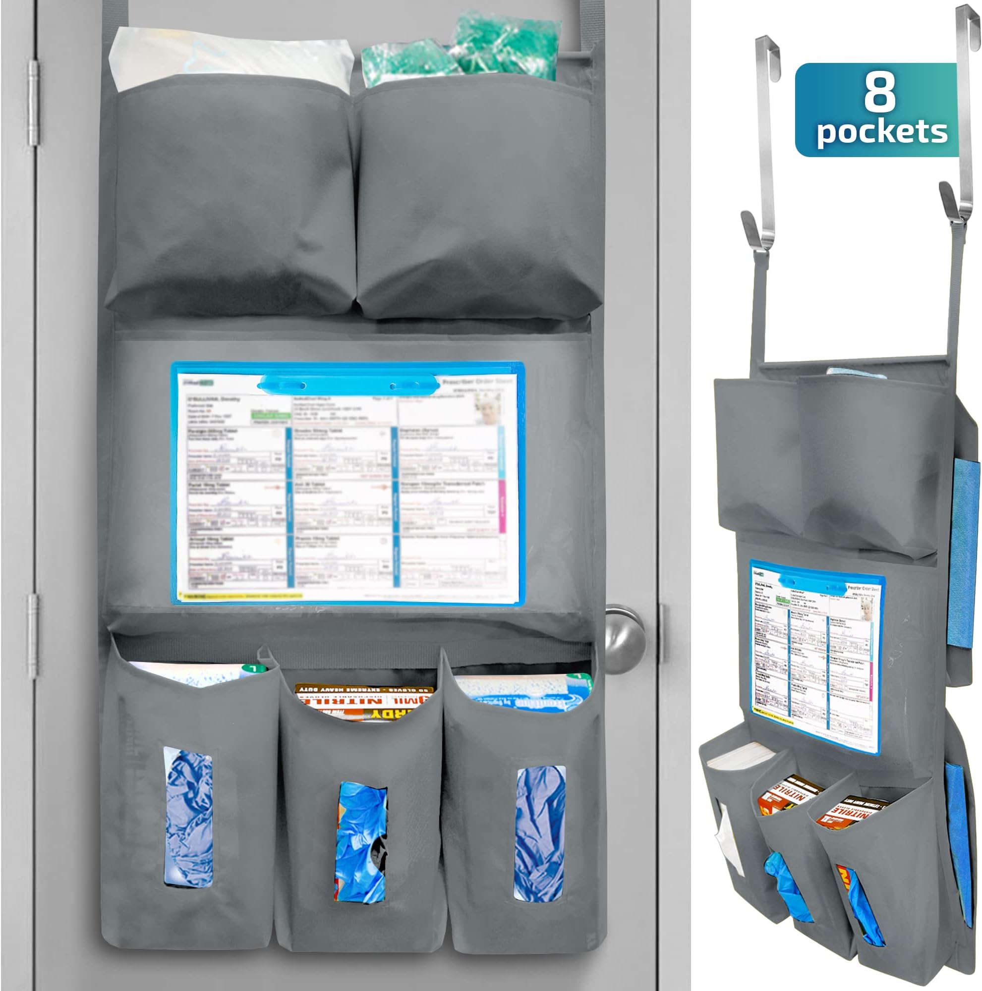 Personal Protective Equipment (PPE) Isolation Door Caddy, Nylon Oxford NFPA-701 Large Scale Flame Retardant Coating 18.5 X 31 Inch, Included 2 Hooks - Silver (with Back Pockets)