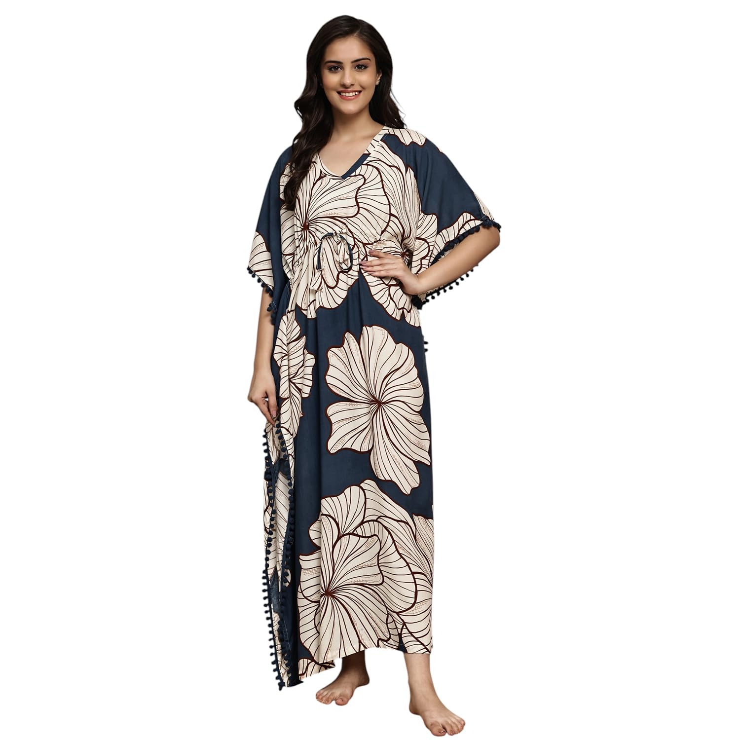 Floral Print Kaftan Beach Cover Up, Navy Blue and White, Ankle Length, Pom Pom Trim-image-25