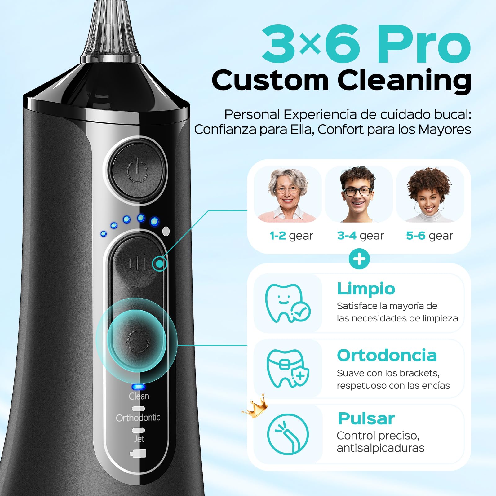 COSLUS C51 Irrigador Dental Bucal Portatil: 3 Modos y 18 Presión Ajustable -300ml IPX7 Irrigador Bucal Inalámbrico para Ortodoncia/Encías Sensibles -Limpieza Dientes de Hogar Viaje - 4 Boquillas Negro