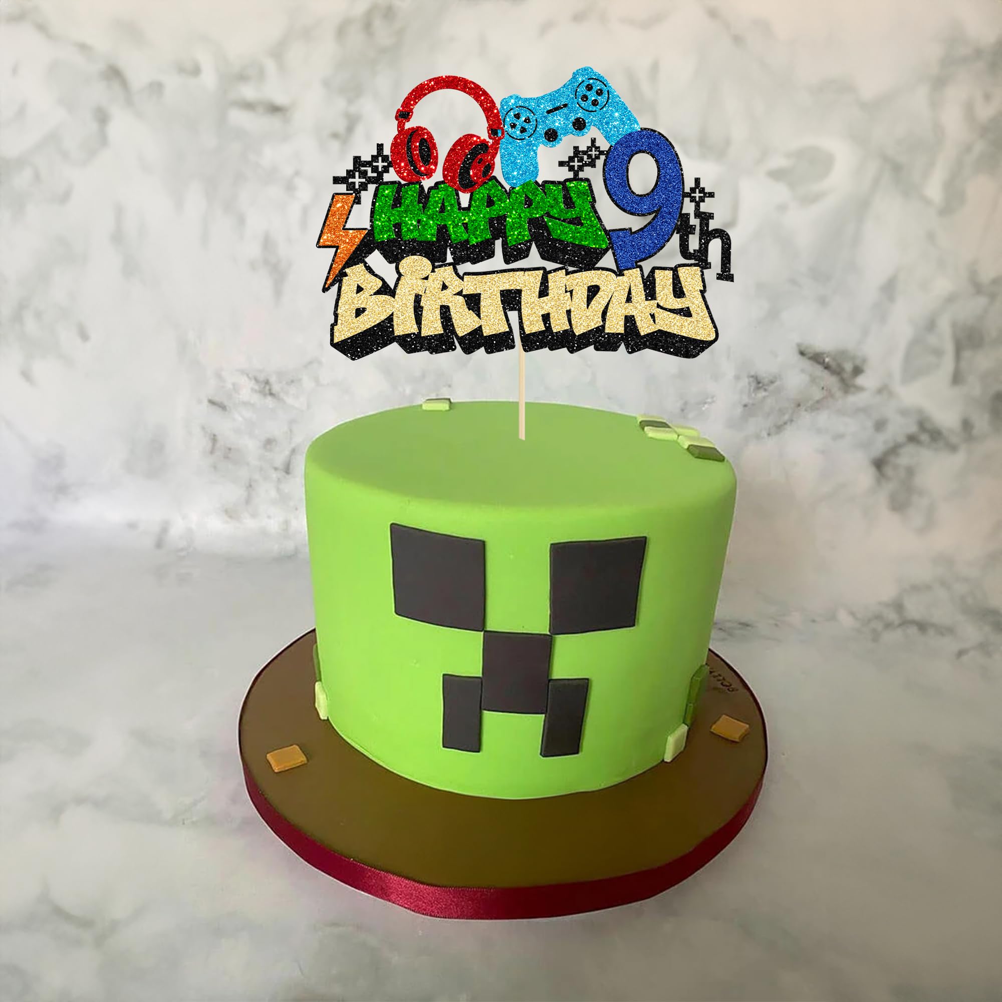Gyufise 1Pcs Video Game Happy 9th Birthday Cake Topper Glitter Video Game Cake Pick Game On Controllers Tenth Cheers to 9 Years Cake Decoration for Boys 9th Birthday Party Supplies - Image 6 thumbnail