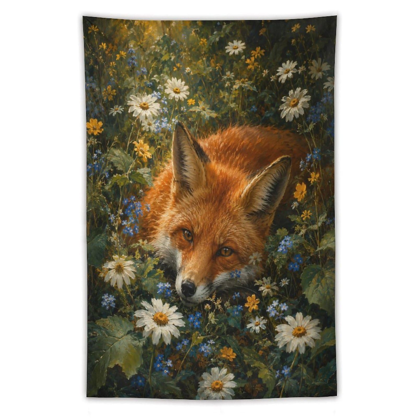 W7C8U2X3 Fox Wildflower Wall Tapestry, Realistic Illustration Style
