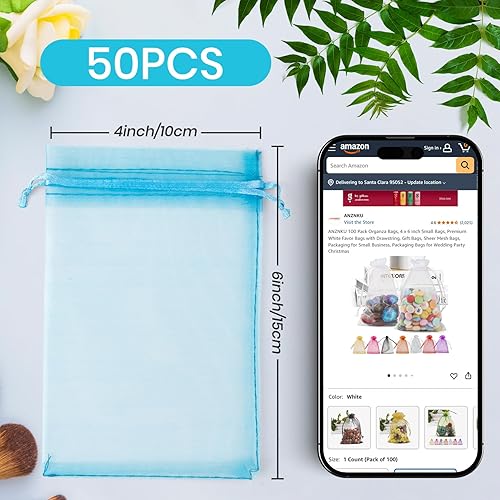 Miniatura 105 de ANZNKU Paquete de 50 bolsas de organza pequeñas de malla de 4 x 6 pulgadas, bolsa de regalo dorada de primera calidad con cordón, bolsa de malla