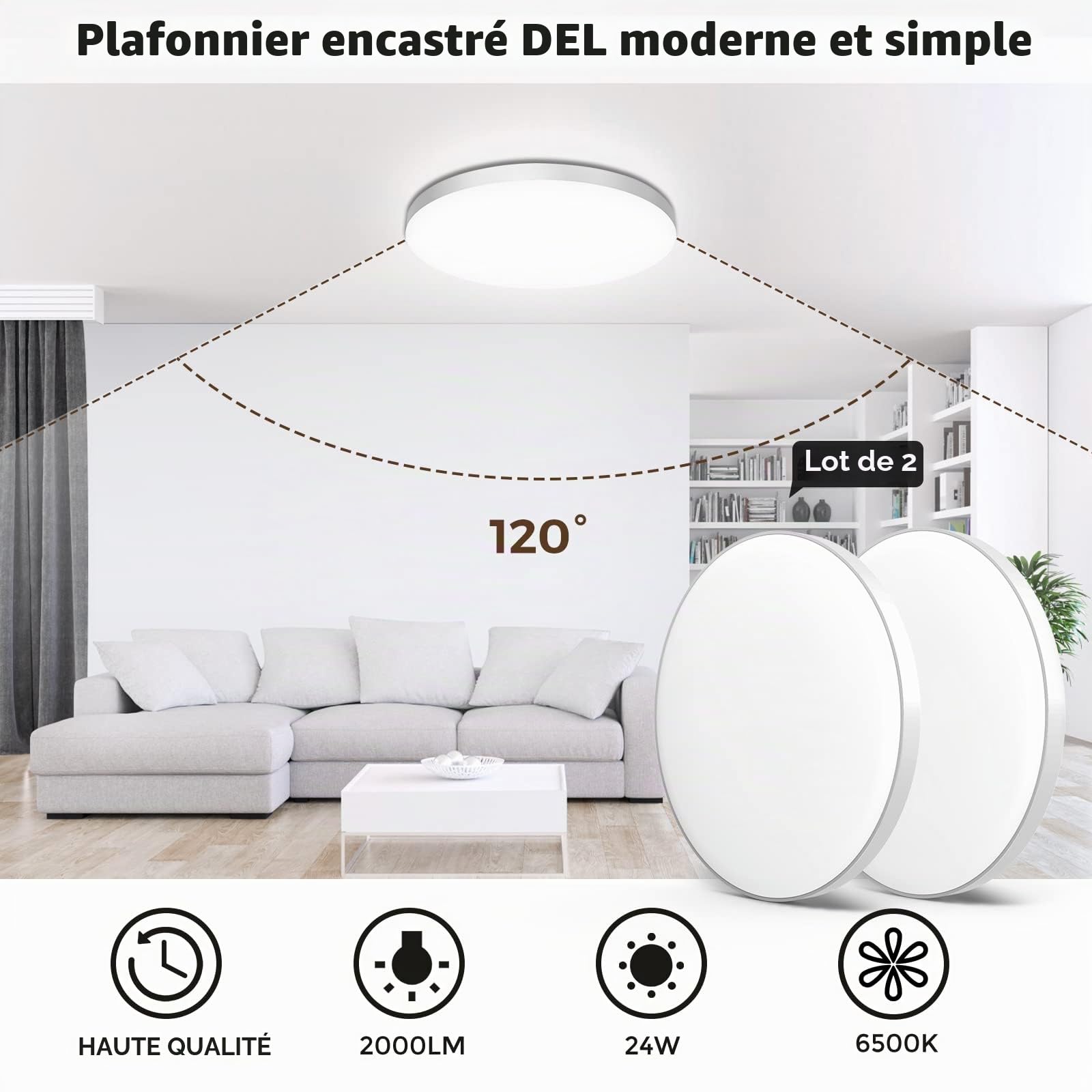 OUILA Plafonnier LED 24W 6500K - 2PCS Luminaire IP44 Ø28 CM pour Salle de Bain, Chambre, Cuisine, Salon, Balcon