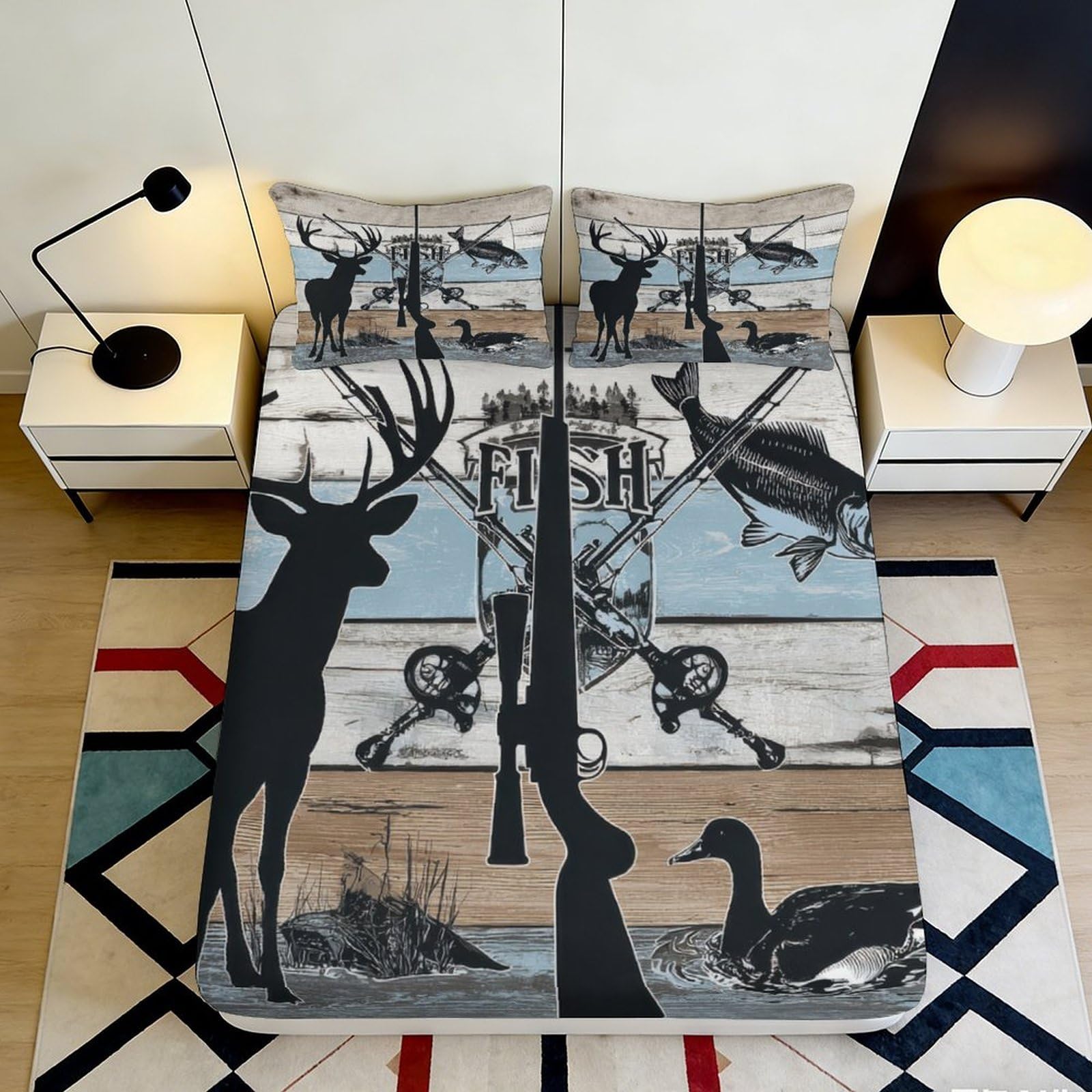 3D Printed Deer Hunter Fitted Sheet Microfiber Fish Wildlife Bed Cover for Bedroom Guest Room Mattress Protection 120x200x25cm