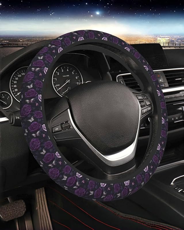 Capa para volante em neoprene KWSAAHU Purple Rose para carros, SUVs, vans e caminhões, 36,8–39,4 cm