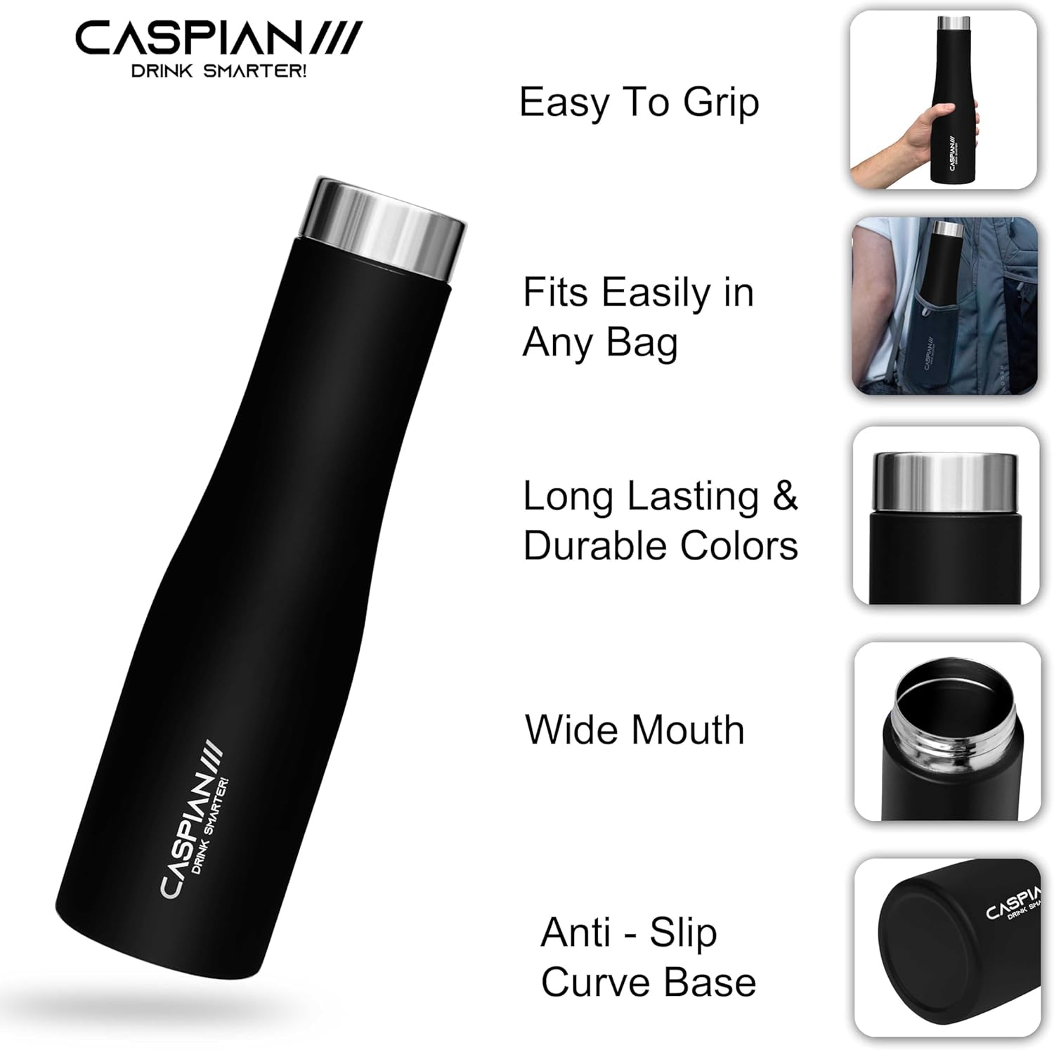 CASPIAN /// Aqua Stainless Steel Water Bottle (Black, 1 Litre, Set of 6)| Leak Proof Thunder for Fridge Home Office Travel School Kids Boys Girls Adults Sports Gym Yoga