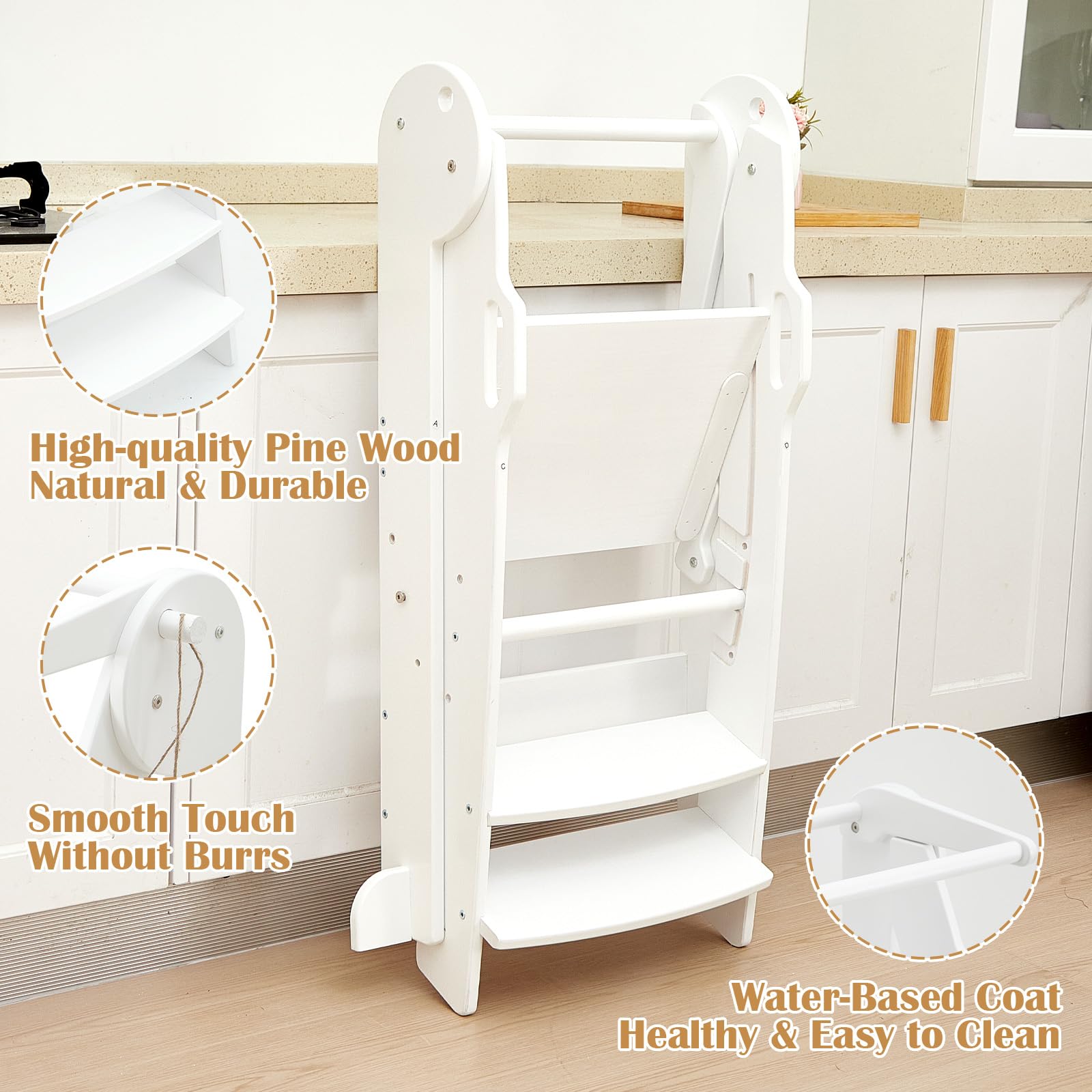 FUNLIO Taburete Plegable para niños de 2 a 6 años con Altura Ajustable de 3 Niveles, Taburete de Cocina Plegable con rieles de Seguridad, Taburete Montessori, fácil de Montar, Color Blanco
