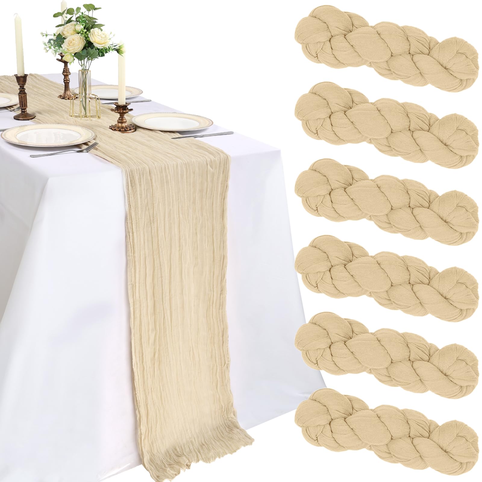 Photo 1 of 6 Pack 10FT Beige Cheesecloth Table Runner 120 Inch Long Gauze Rustic Boho Spring Cheese Cloth Table Runner Sheer Fabric Decorations for Holiday Party Wedding Banquet Bridal Baby Shower Décor