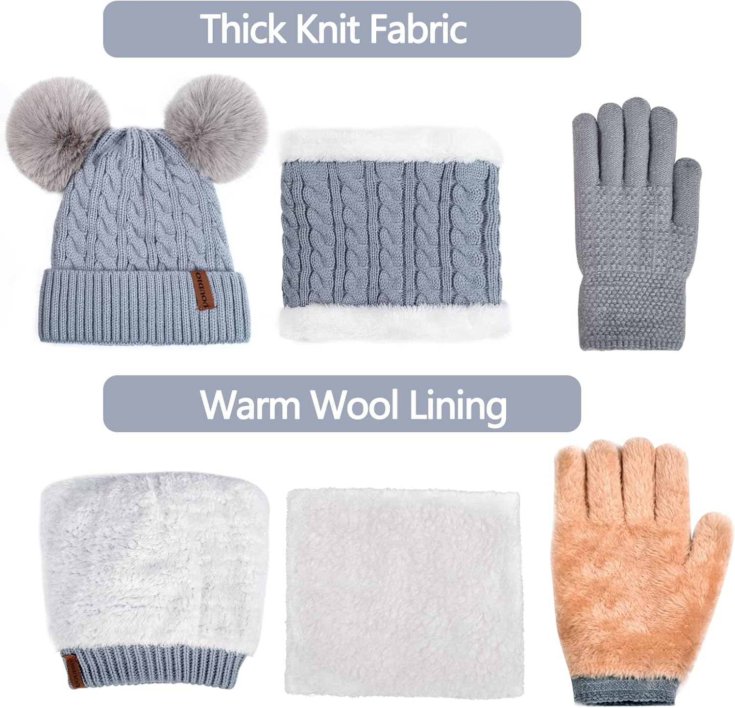 Kids Winter Beanie Scarf Gloves Set with 2 Pompom - Thermal Thick Fleece Lined Hat, Neck Warmer & Mittens for 1-10 Boys Girls - Image 6