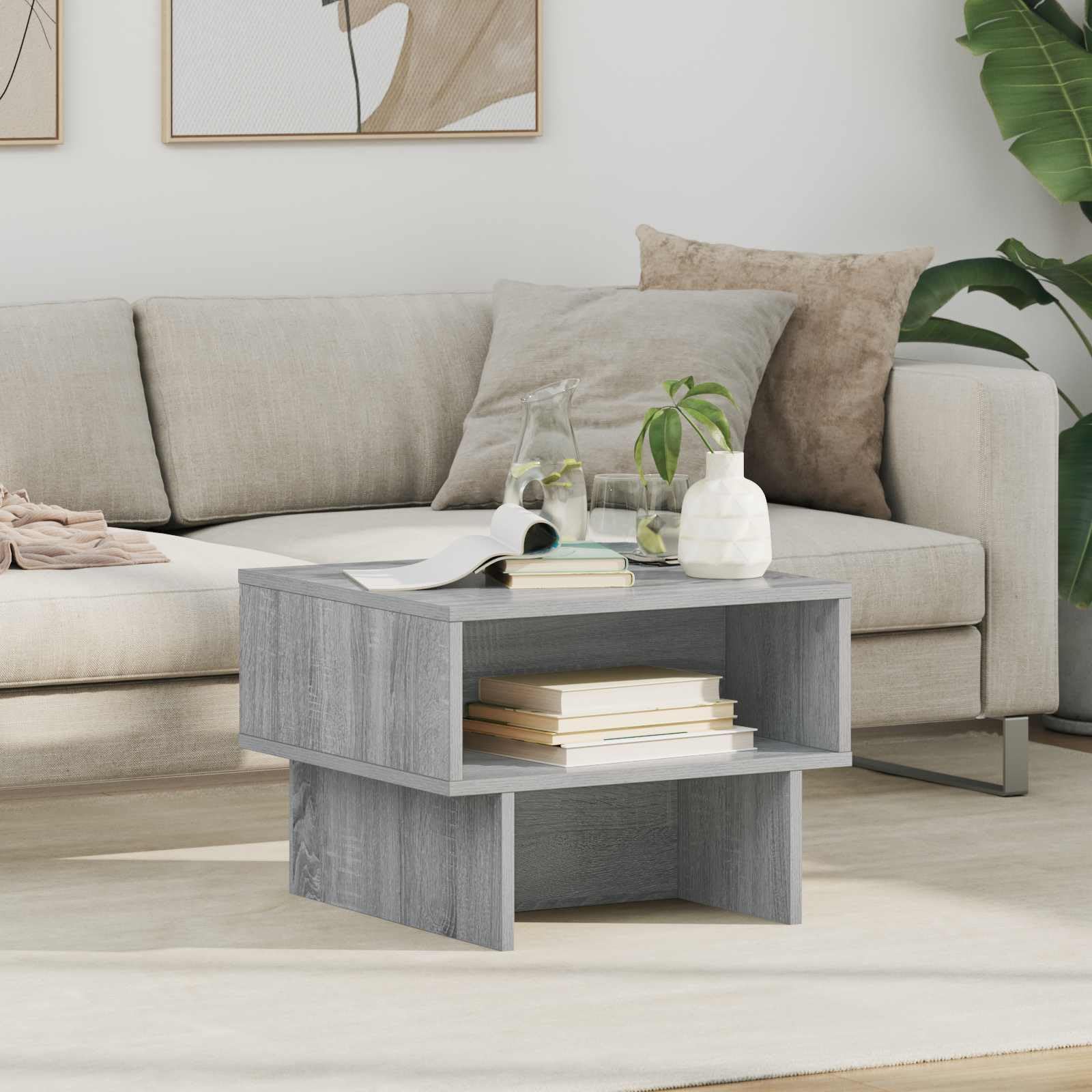 Mesa de centro Sonoma gris 48 x 46 x 35 cm, pequeña mesa auxiliar de madera para salón, moderna mesa de salón con 2 estantes, mesa de sofá compacta