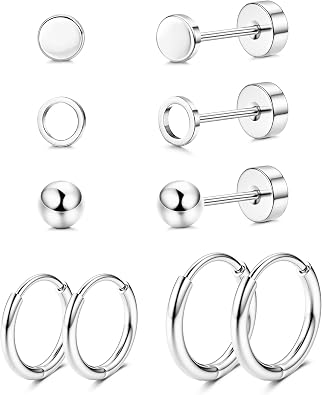 JeweBella G23 Implant Grade Titanium Earrings Flat Back Stud Hoop Set
