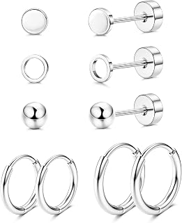 5 Pairs Hypoallergenic G23 Titanium Earrings Flat Back Stud Hoop Earring Set Titanium Tragus Helix Cartilage Earrings Ear Piercing Studs Sleeper Huggie Hoop Ear