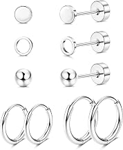 JeweBella G23 Implant Grade Titanium Earrings Flat Back Stud Hoop Set | Hypoallergenic Tragus Cartilage Earrings,Ear Piercing Studs,Sleeper Huggie Hoop Earrings for Women Men,Silver/Gold,5 Pairs