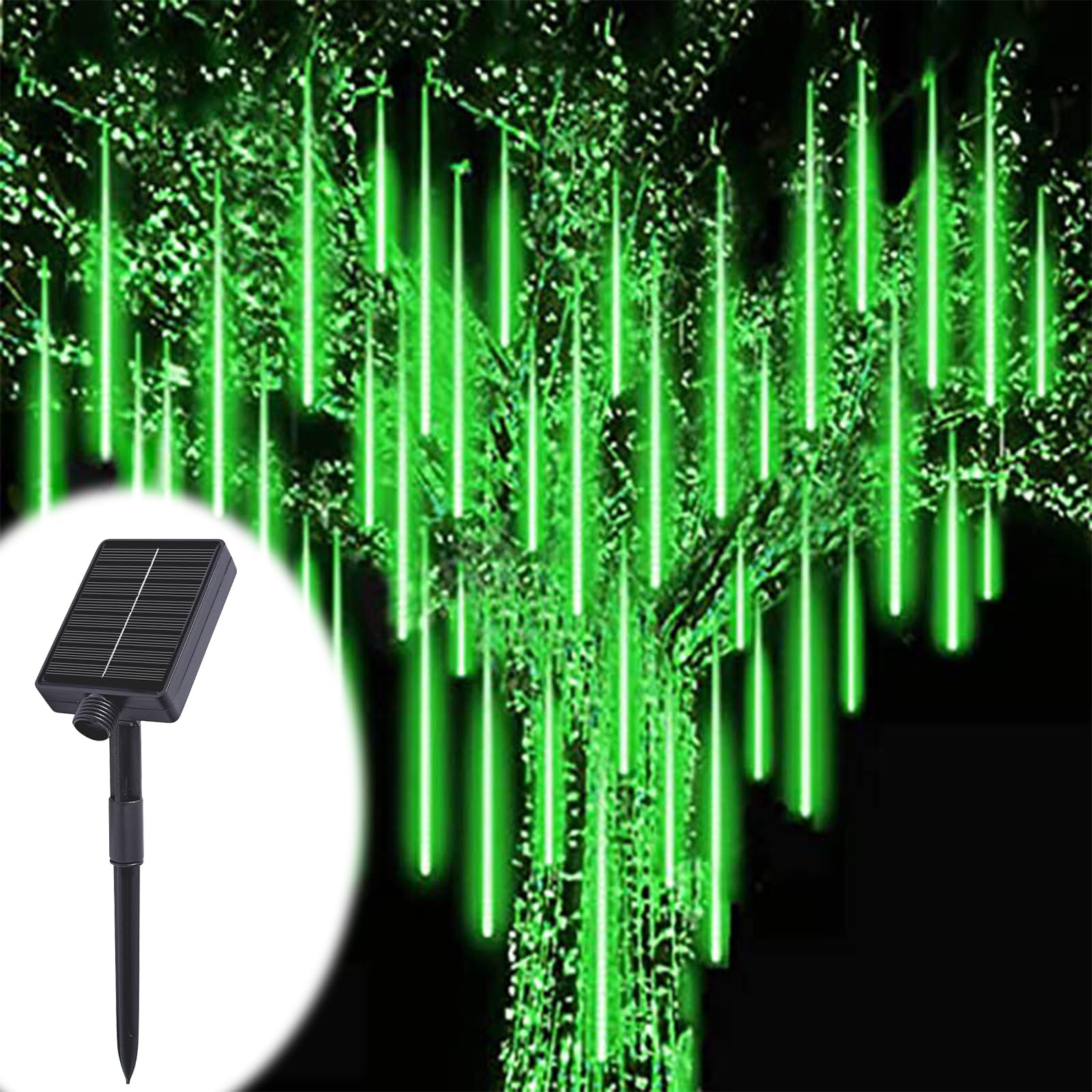 ACESOME Solar Outdoor Christmas Lights, Meteor Shower Lights, 30CM 8 Tube Icicle Lights Outdoor, Waterproof Falling Rain Light for Halloween, Xmas Decorations, Window, Wedding & Party (Green)