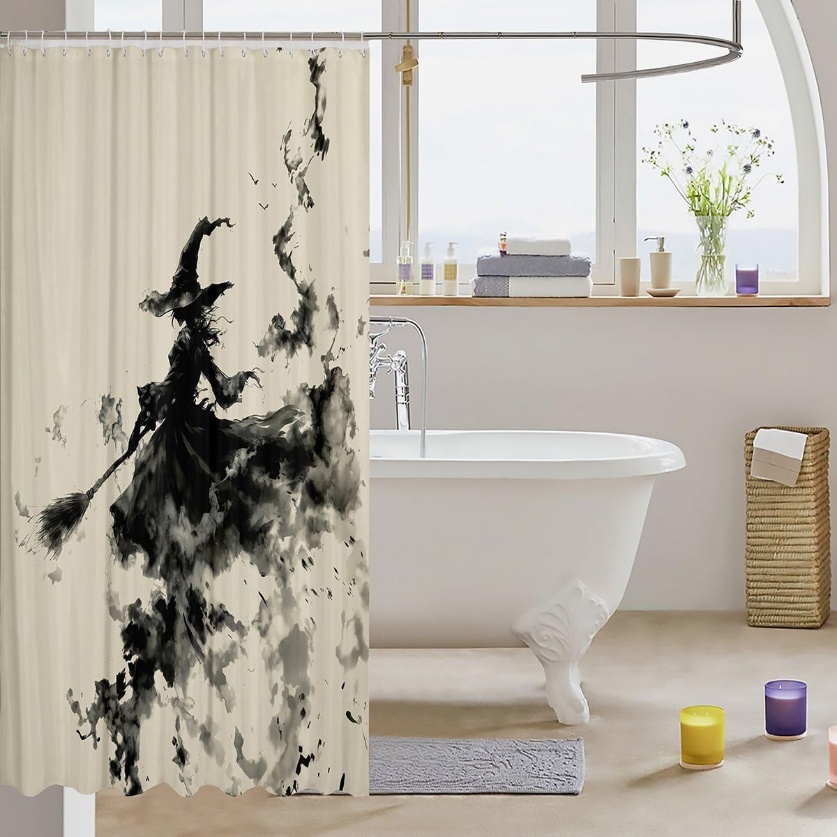 Erosebridal Halloween Witch Decorations Shower Curtain Vintage Rustic Witch Bath Curtain Gothic Witchy Bathroom Accessories Happy Halloween Waterproof Bathroom Curtains 72" Wx72 L image 3
