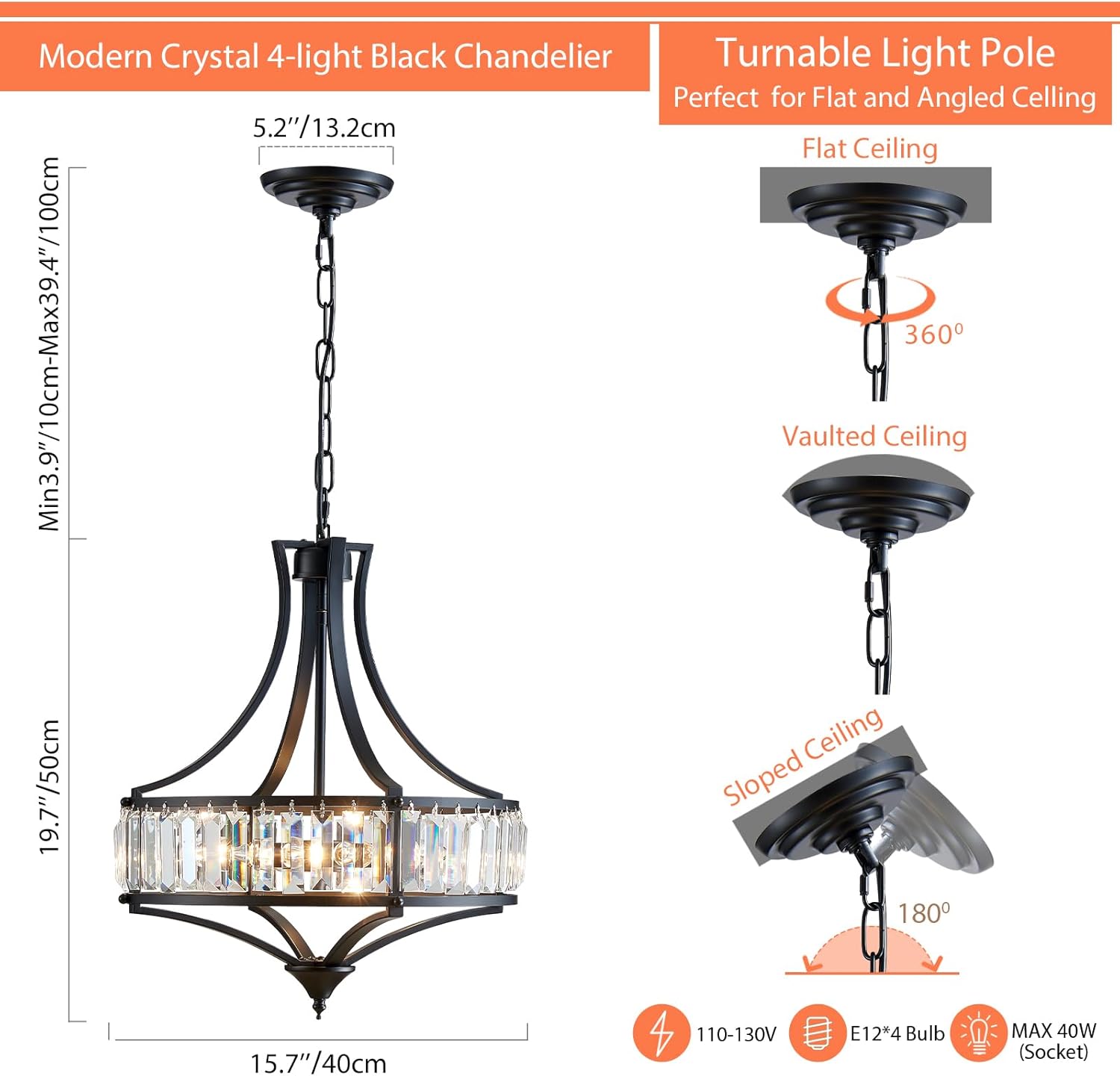 Crystal Chandeliers for Dining Room, Round Rustic Farmhouse Chandelier, Metal Shade, 4-Light Modern Chandelier for Hallway, Bedroom, Foyer Black