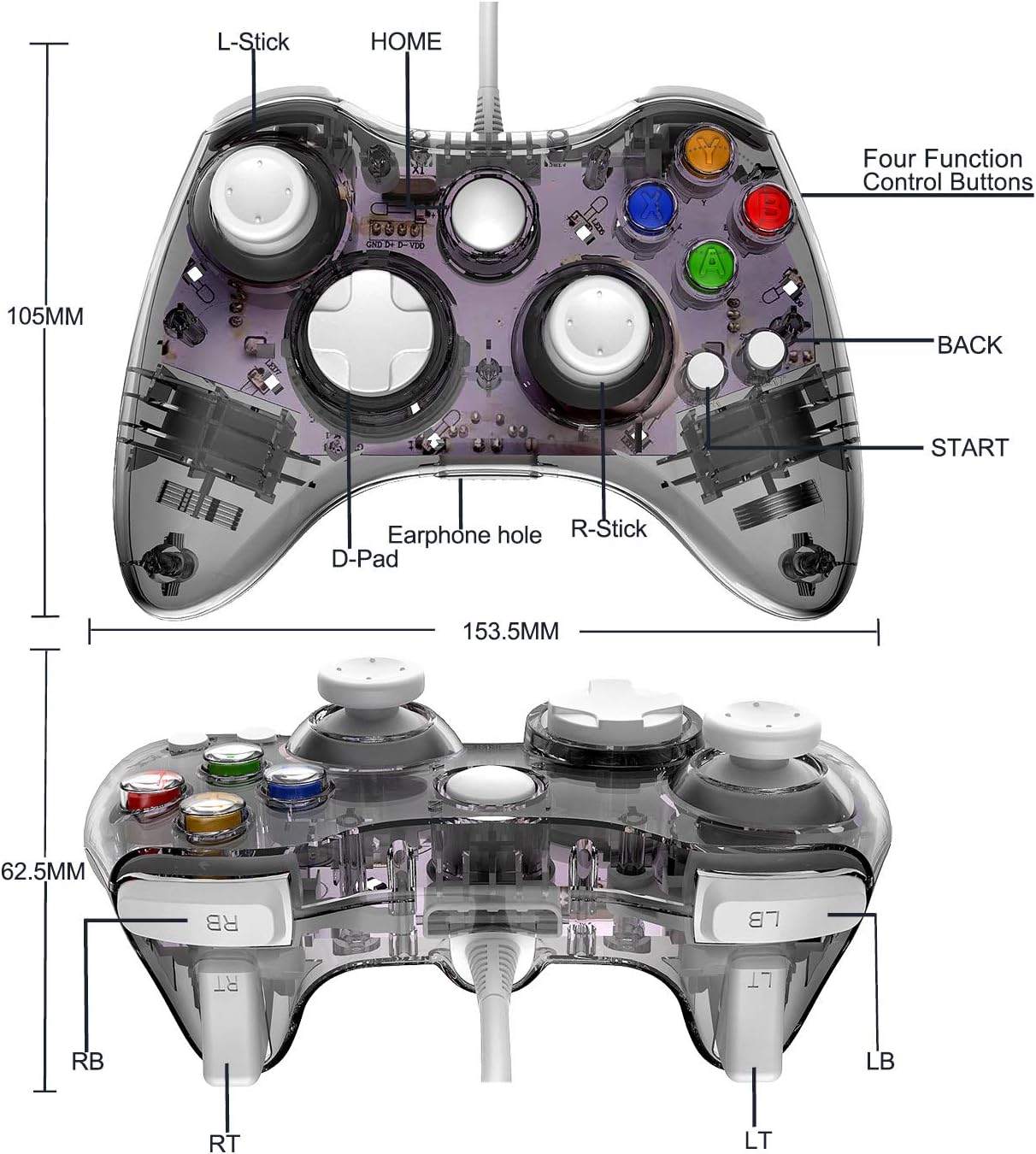 Wired Xbox 360 Controller with Cool LED, Compatible with Microsoft Xbox 360 & PC (Windows 11/10/8/7), Upgraded Joystick & Dual Vibration Gamepad Gaming Joypad (Black)