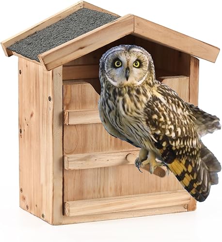 Owl House - Caja preconstruida para exteriores con diseño de búhos y cernícalos, caja rectangular de madera grande hecha a mano con soporte,