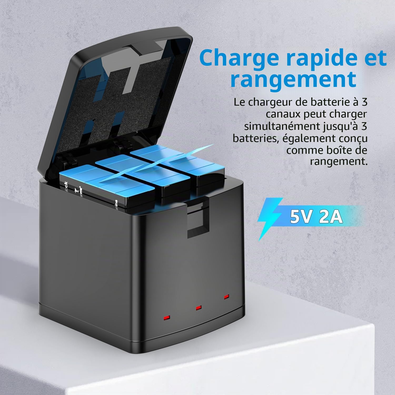 Melasta Chargeur de batterie pour GoPro Hero 12/11/10/9 Série, Batteries lithium-ion (3 batteries + 1 chargeur)