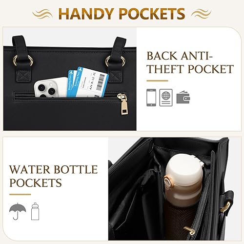 Miniatura 7 de RAINSMORE Bolsa para laptop para mujer, bolsa de trabajo de 15.6 pulgadas, bolsa de cuero para laptop, bolsa impermeable para computadora, maletín