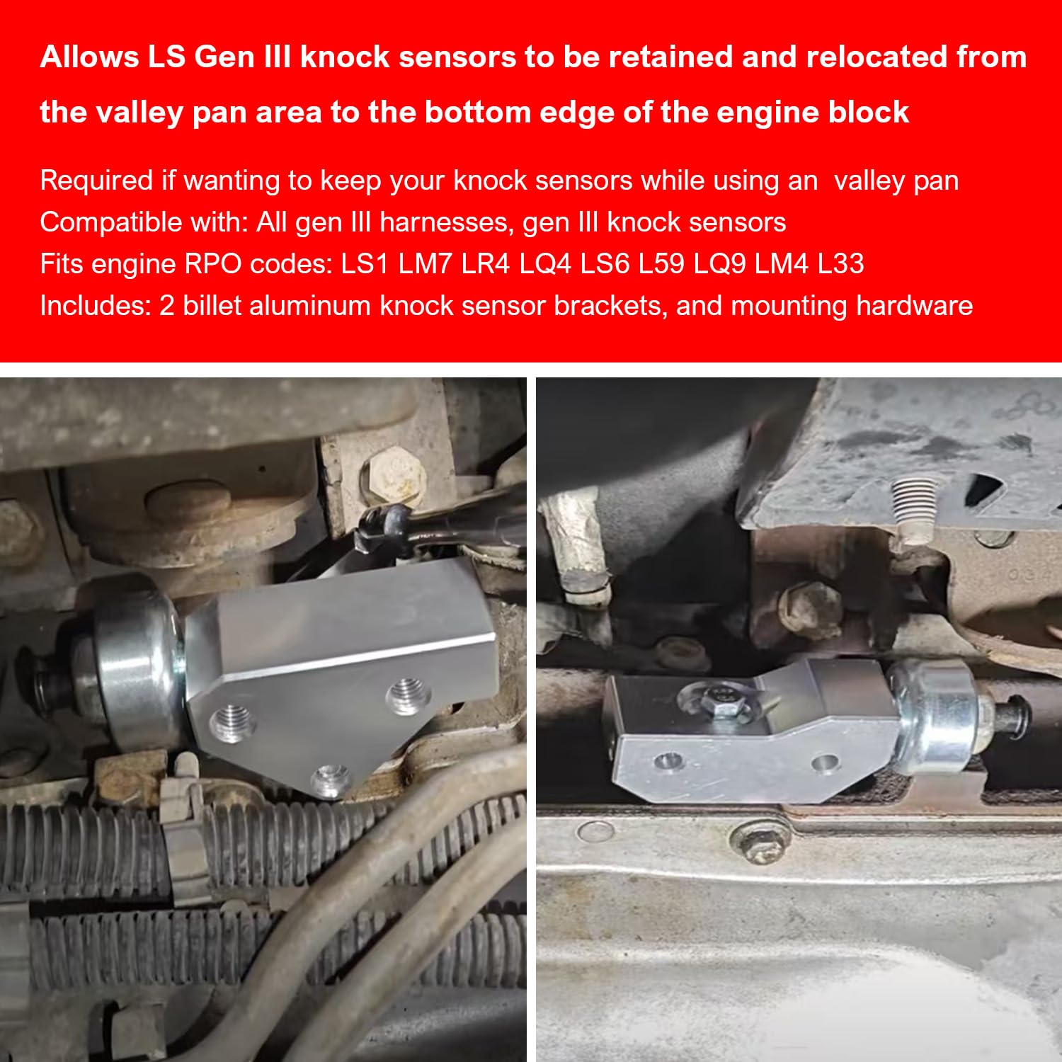 Knock Sensor and Hardnesses Relocation Bracket Kit Compatible with GM Gen III LS 1997-2007 LS1 LM7 LR4 LQ4 LS6 L59 LQ9 LM4 L33 551216-KN30