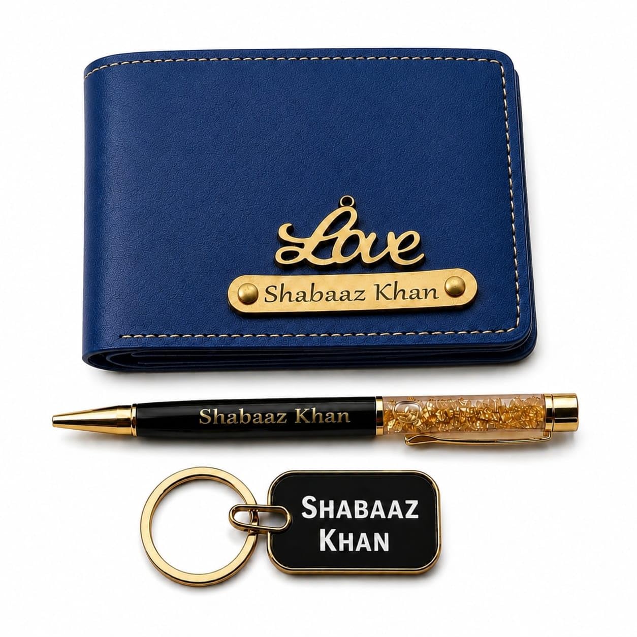 custom Personalized Leather Wallet Gift Set with Pen & Keychain – Blue-picture-31