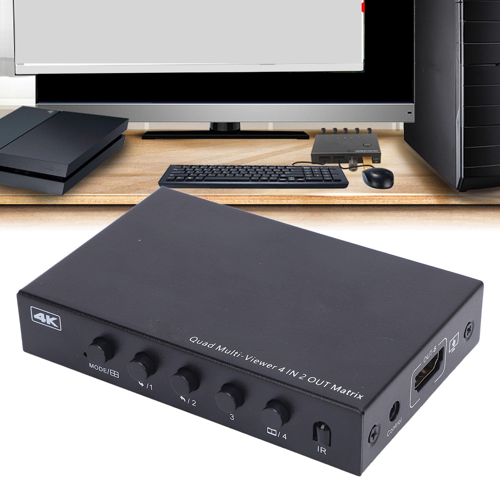 SENECESLI Conmutador Multivisor, 4K HDMI 4 Entradas y 2 Salidas Conmutador Continuo con 6 Modos de Visualización y Control Remoto para Proyector de Monitor Portátil de PC (Enchufe de la UE)