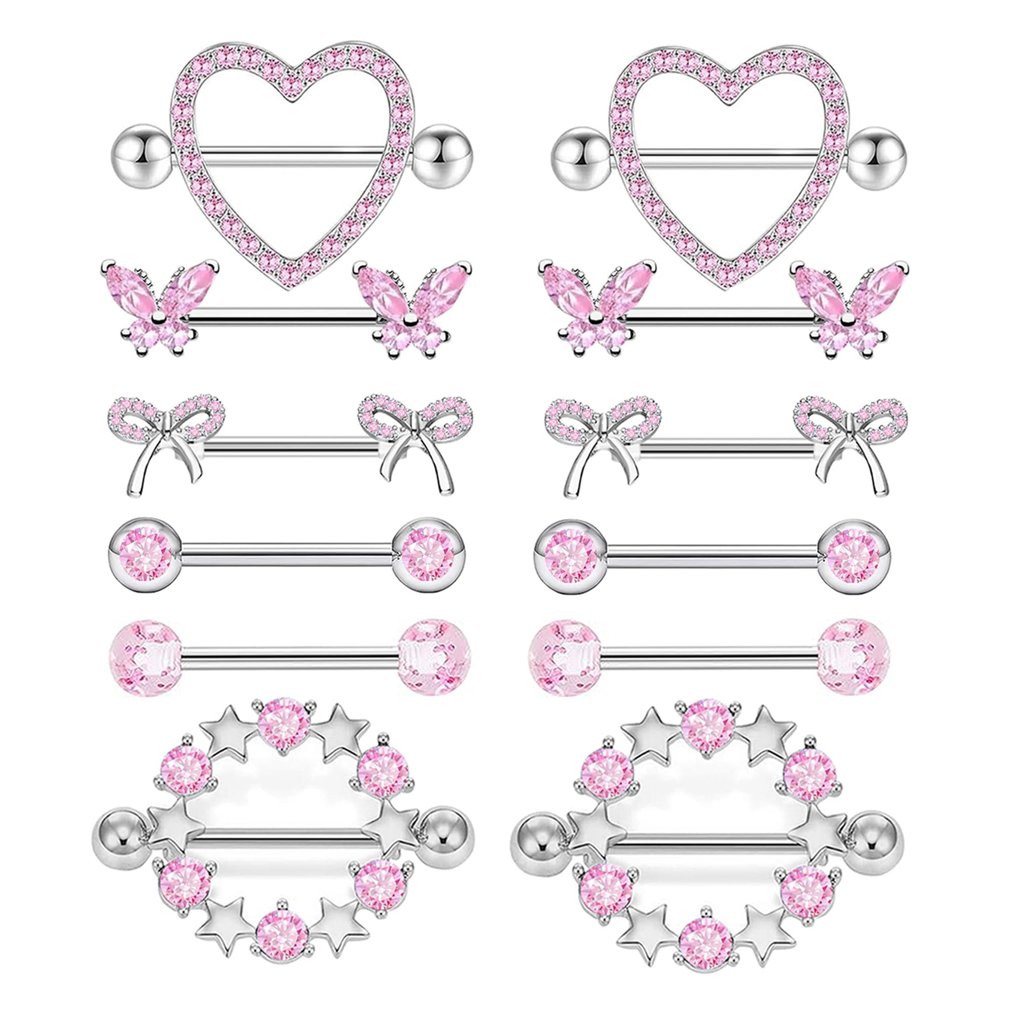 Suotarn 14G INNINipple Rings for Women 316L Stainless Steel Heart Cherry,Star Butterfly Nipple Barbell CZ Cute Nipple Rings Set Nipplerings Piercing
