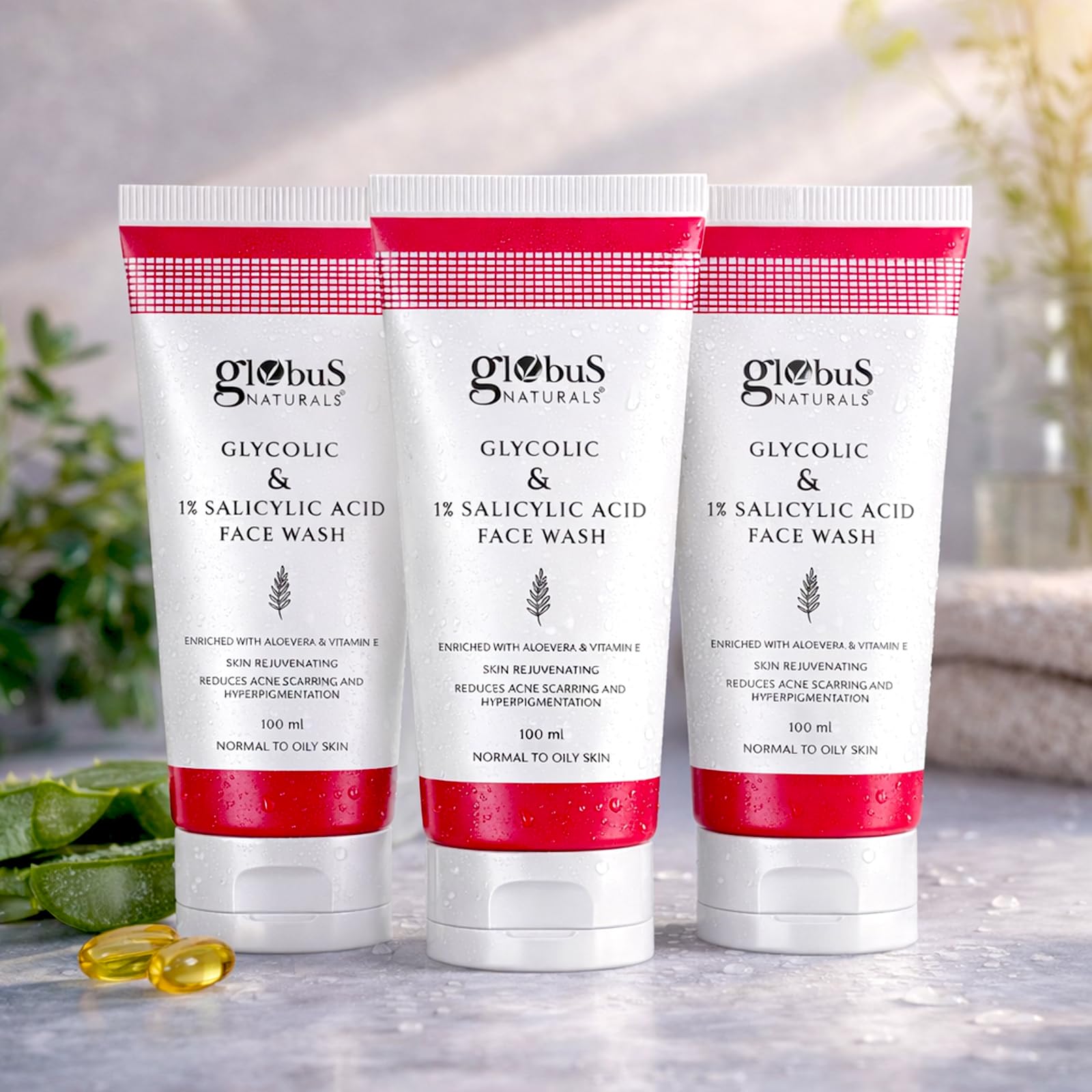 Globus Naturals Glycolic & 1% Salicylic Acid Anti Acne Face Wash, Anti Acne & Oil Control, Reduces Dark spots & Hyperpigmentation,100 ml Pack Of 3