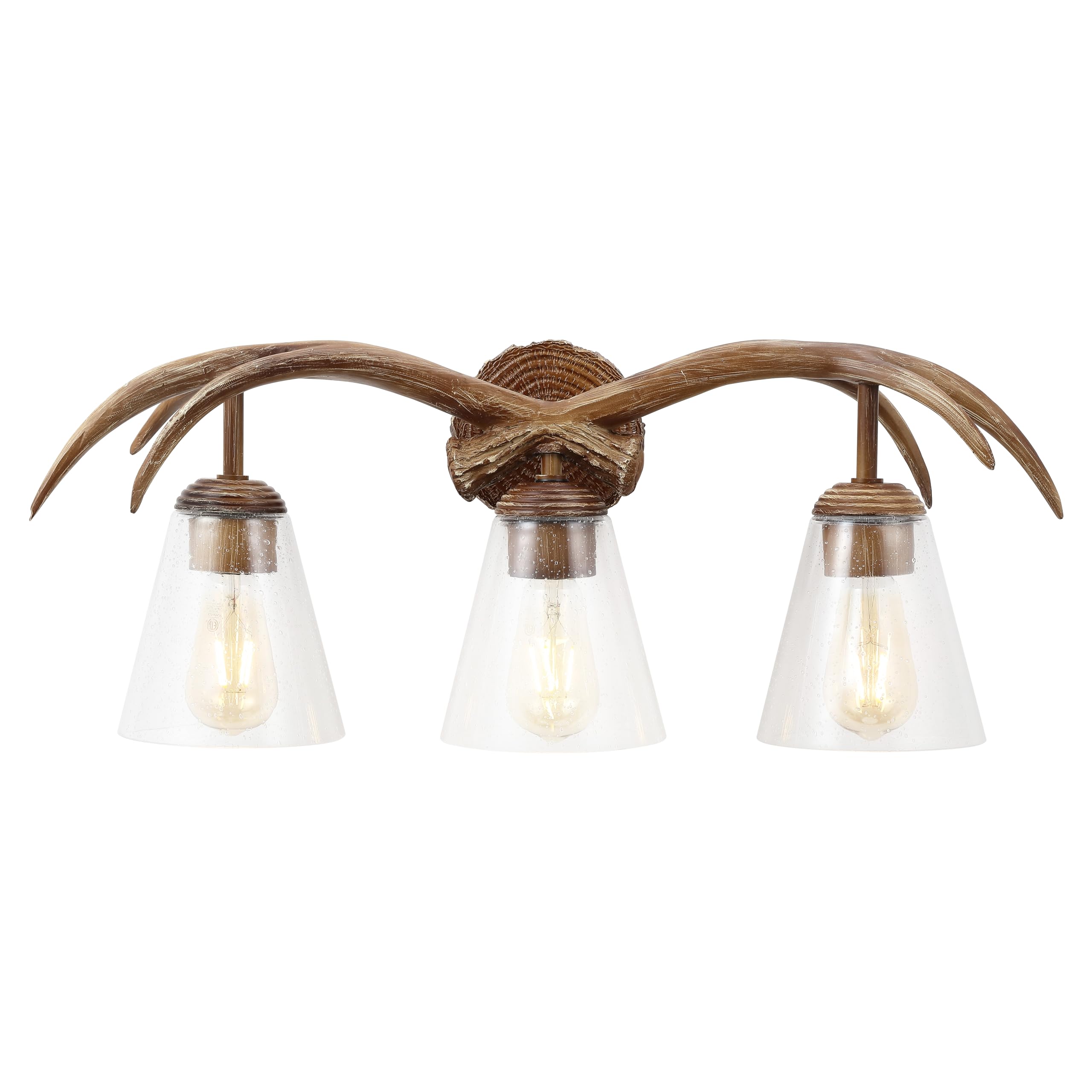 JONATHAN Y JYL6309A Wyatt 25.5" 3-Light Southwestern Bohemian Resin/Seeded Glass Faux Antler LED Vanity Light, Brown Wood Finish for Bathroom Vanity and Kitchen
