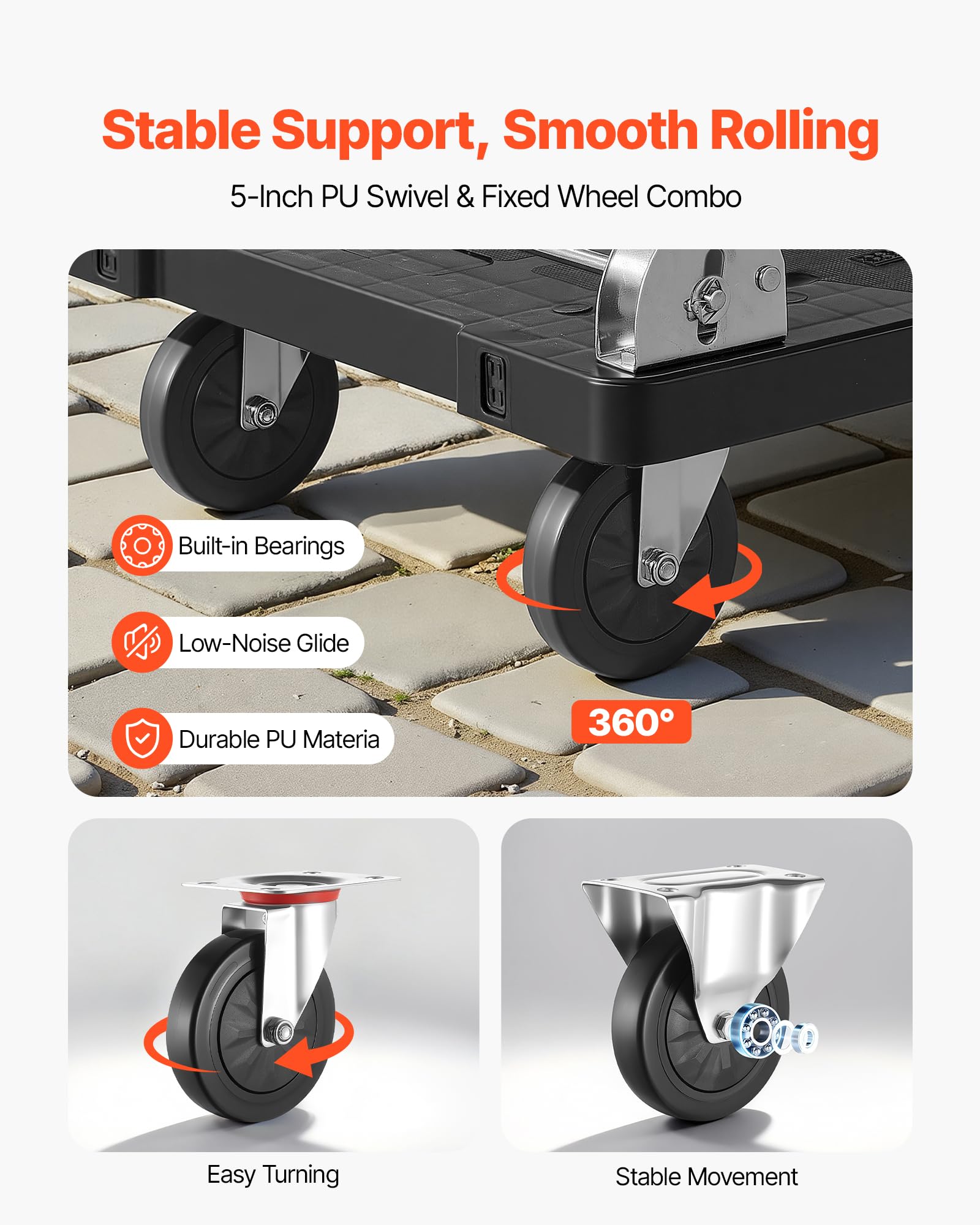 VEVOR Carro Plataforma Plegable 895 x 595 mm, Carretilla de Transporte Carga de 299,37 kg, Carrito Portaequipajes con Plataforma con Ruedas de 127 mm, Asa de Empuje para Tareas Domésticas, Almacén